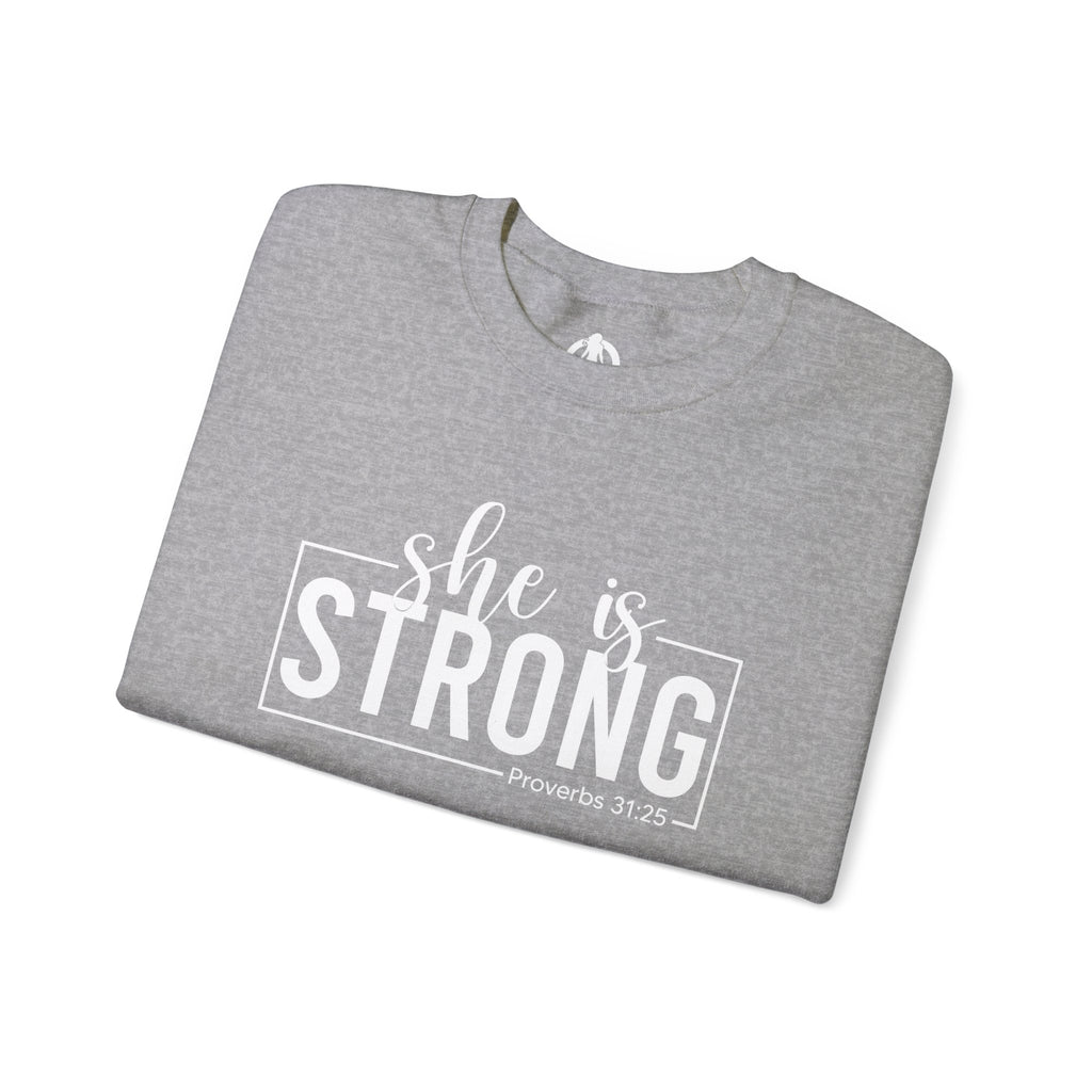 She is STRONG - Unisex Heavy Blend™ Crewneck Sweatshirt - Front White Logo - Plain Back