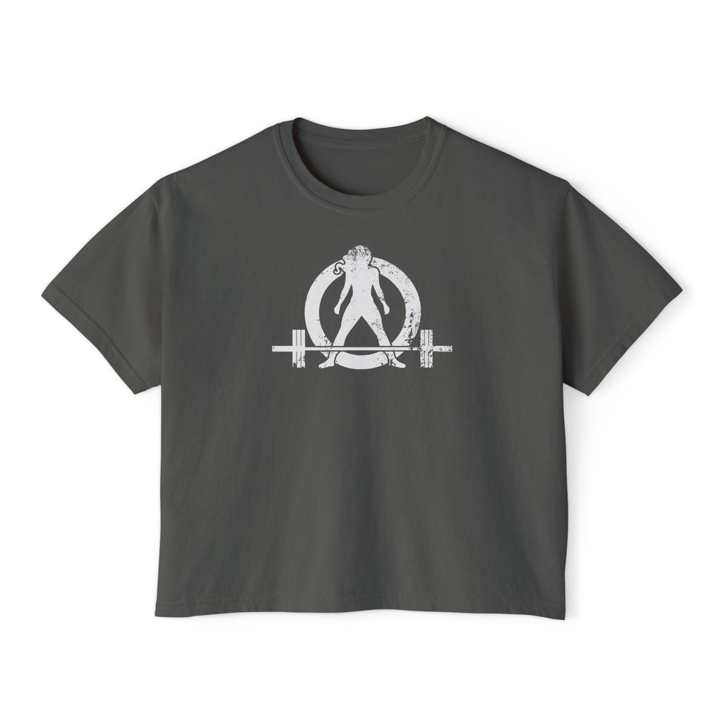Women's Boxy Tee - White Distressed Logo Front Plain Back