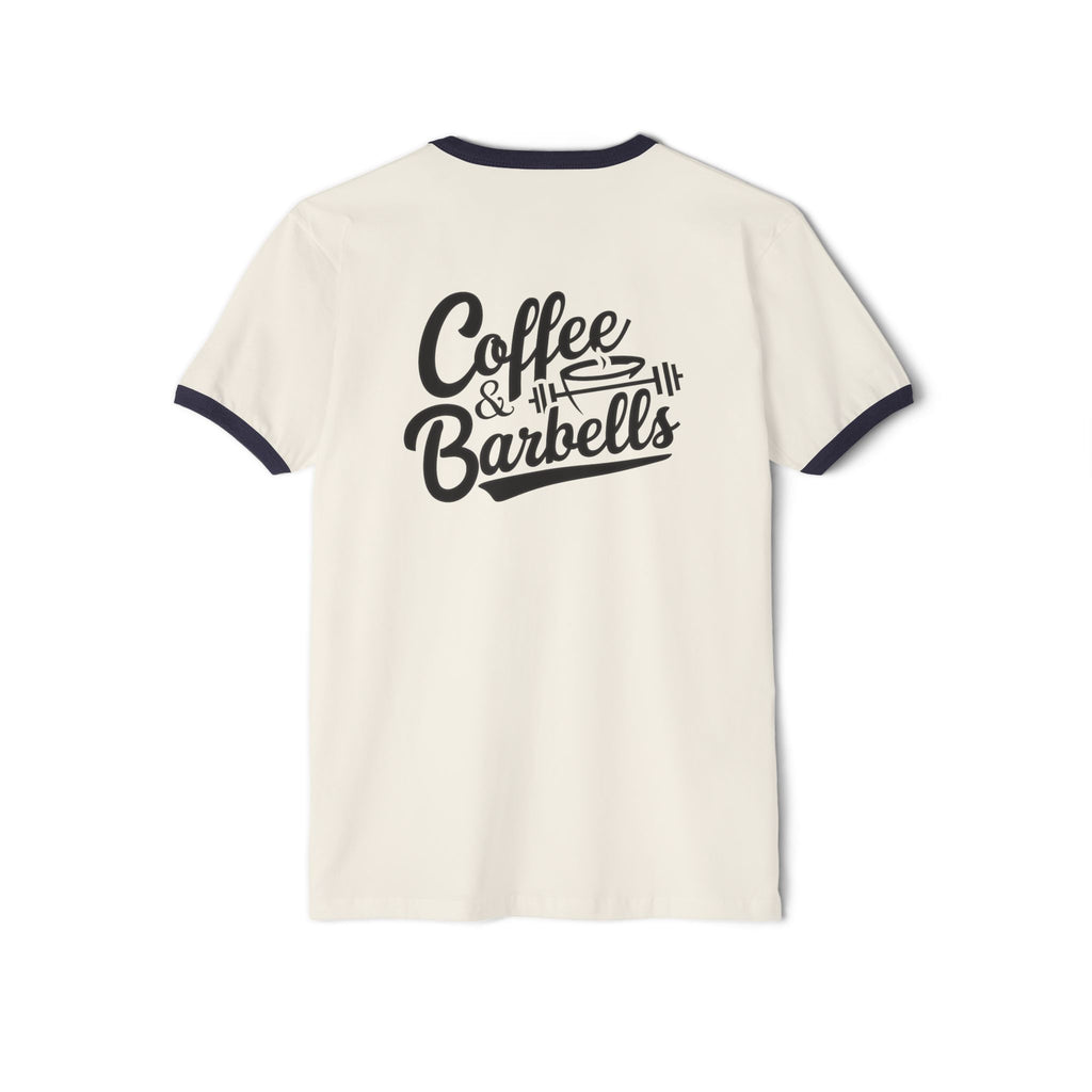 Coffee & Barbells  - Unisex Cotton Ringer T-Shirt - Black Logo Front & Back