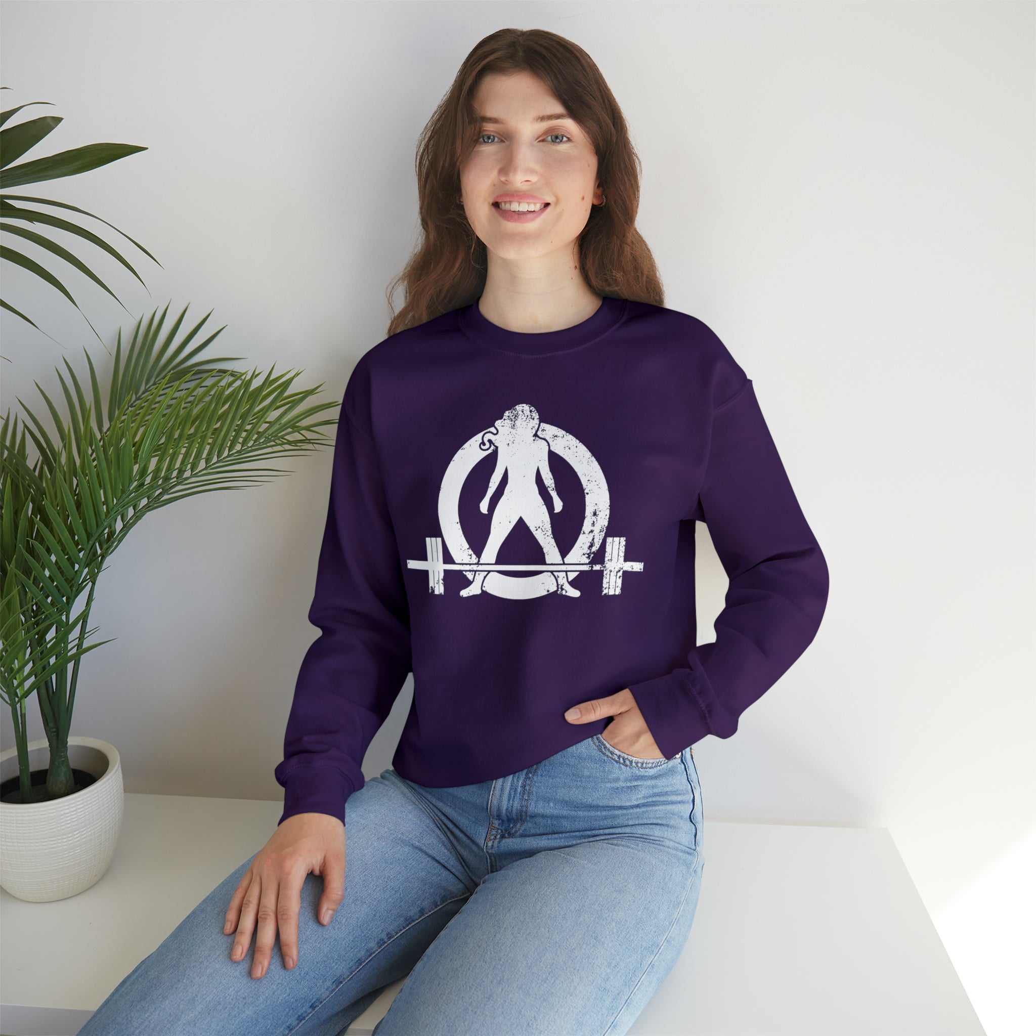 COFFEE and a Barbell - Unisex Heavy Blend™ Crewneck Sweatshirt - Distressed Logo - Plain Back