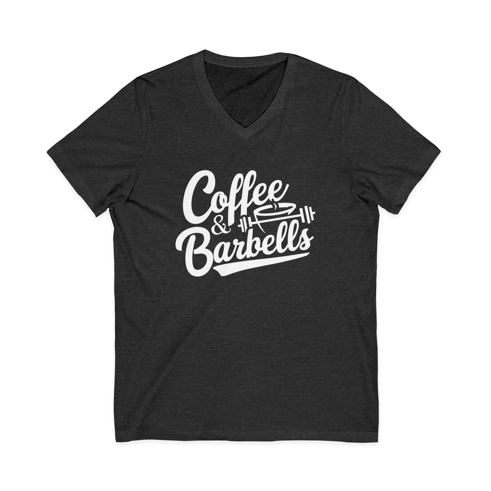 Coffee & Barbells - Unisex Jersey Short Sleeve V-Neck Tee - White Logo Plain Back