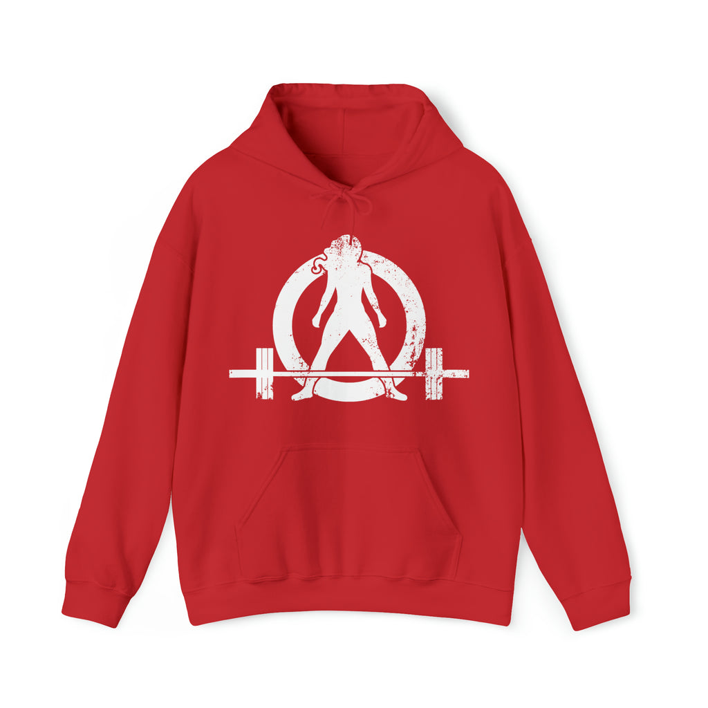 COFFEE and a Barbell  - Distressed White Logo  - Unisex Heavy Blend Hooded Sweatshirt