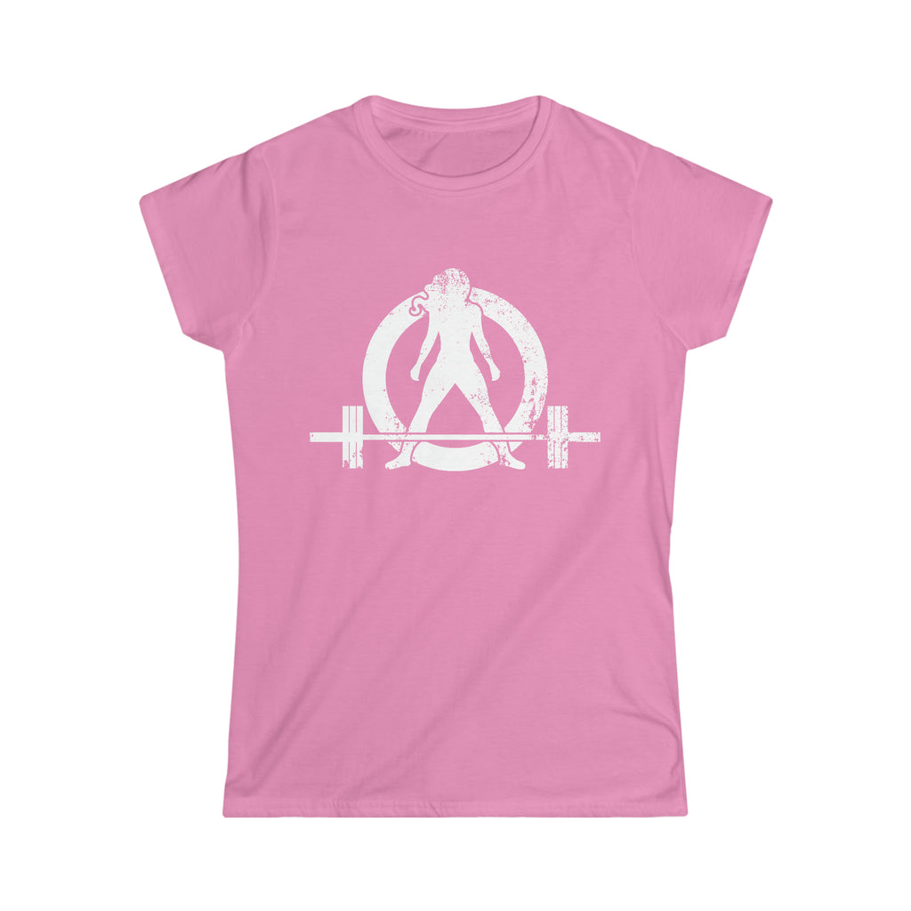 Good Girls Tone, Bad Girls Deadlift - Distressed White Logo - Women's Softstyle Tee