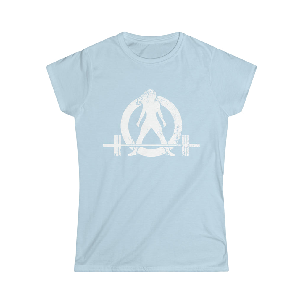 Good Girls Tone, Bad Girls Deadlift - Distressed White Logo - Women's Softstyle Tee