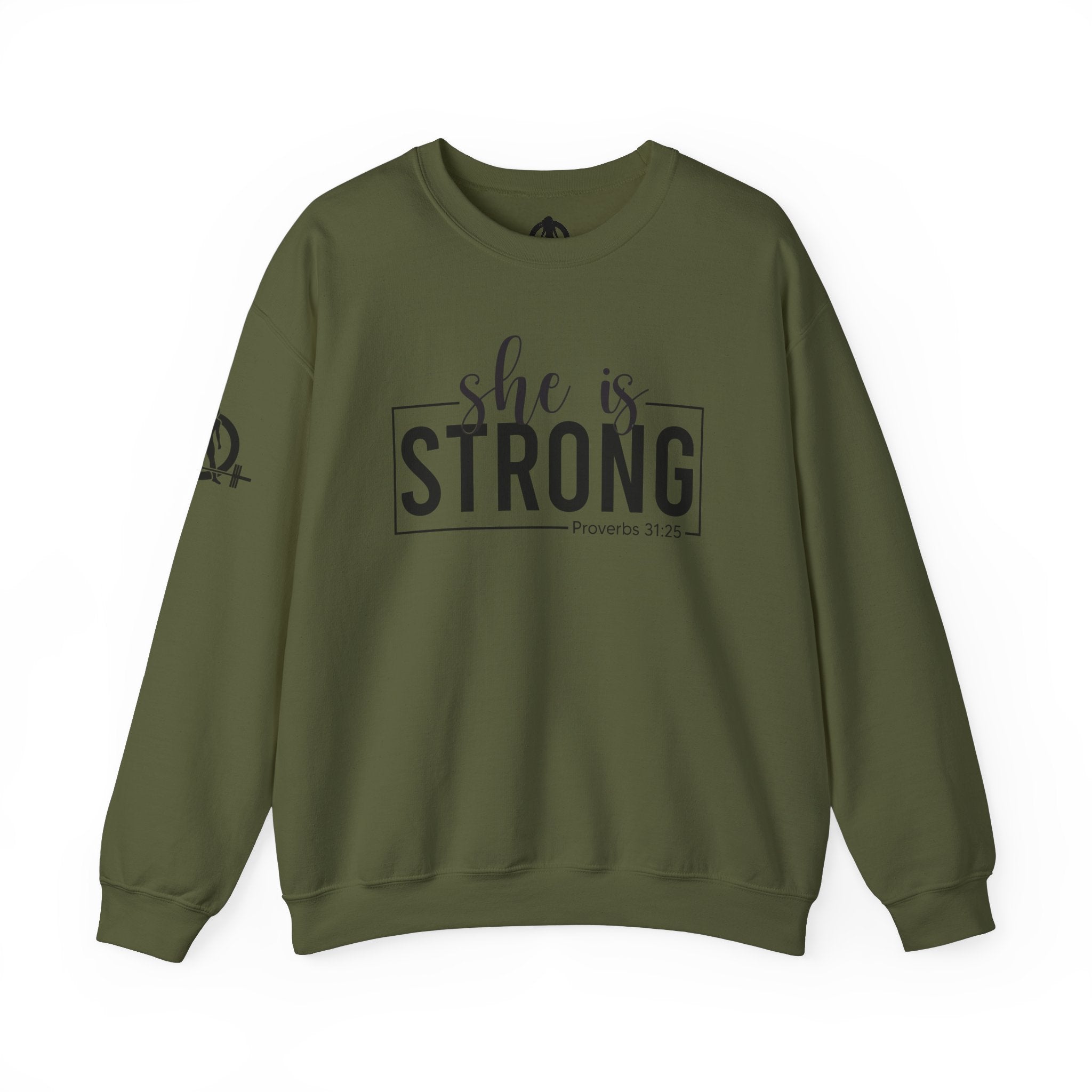 She is STRONG - Unisex Heavy Blend™ Crewneck Sweatshirt - Front Black Logo - Plain Back