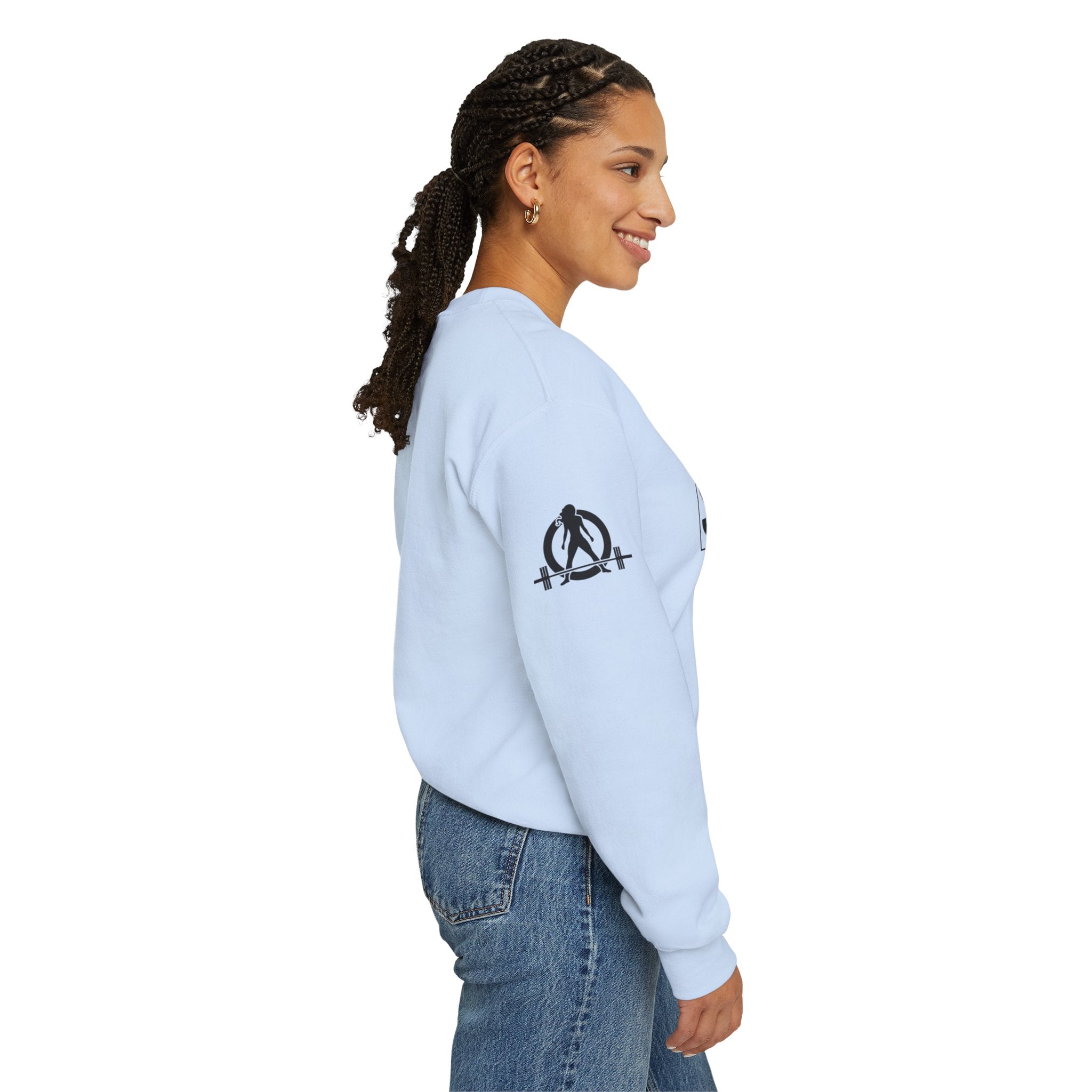 She is STRONG - Unisex Heavy Blend™ Crewneck Sweatshirt - Front Black Logo - Plain Back