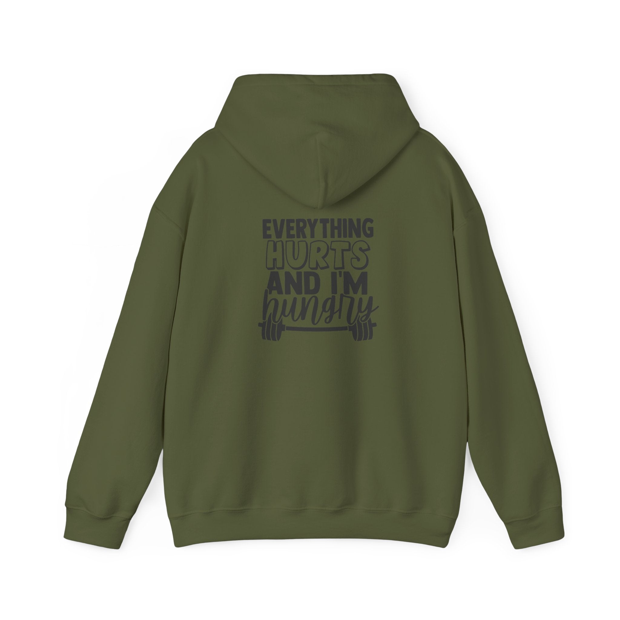 Everything Hurts & I'm Hungry  - Unisex Heavy Blend Hooded Sweatshirt  - Black Print Front and Back