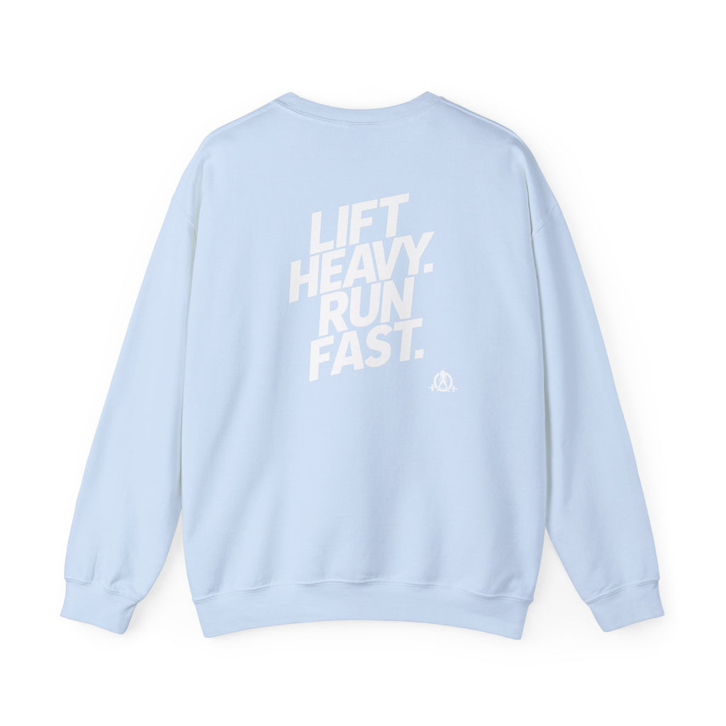 Lift Heavy Run Fast - Unisex Heavy Blend™ Crewneck Sweatshirt - White Logo Front & Back