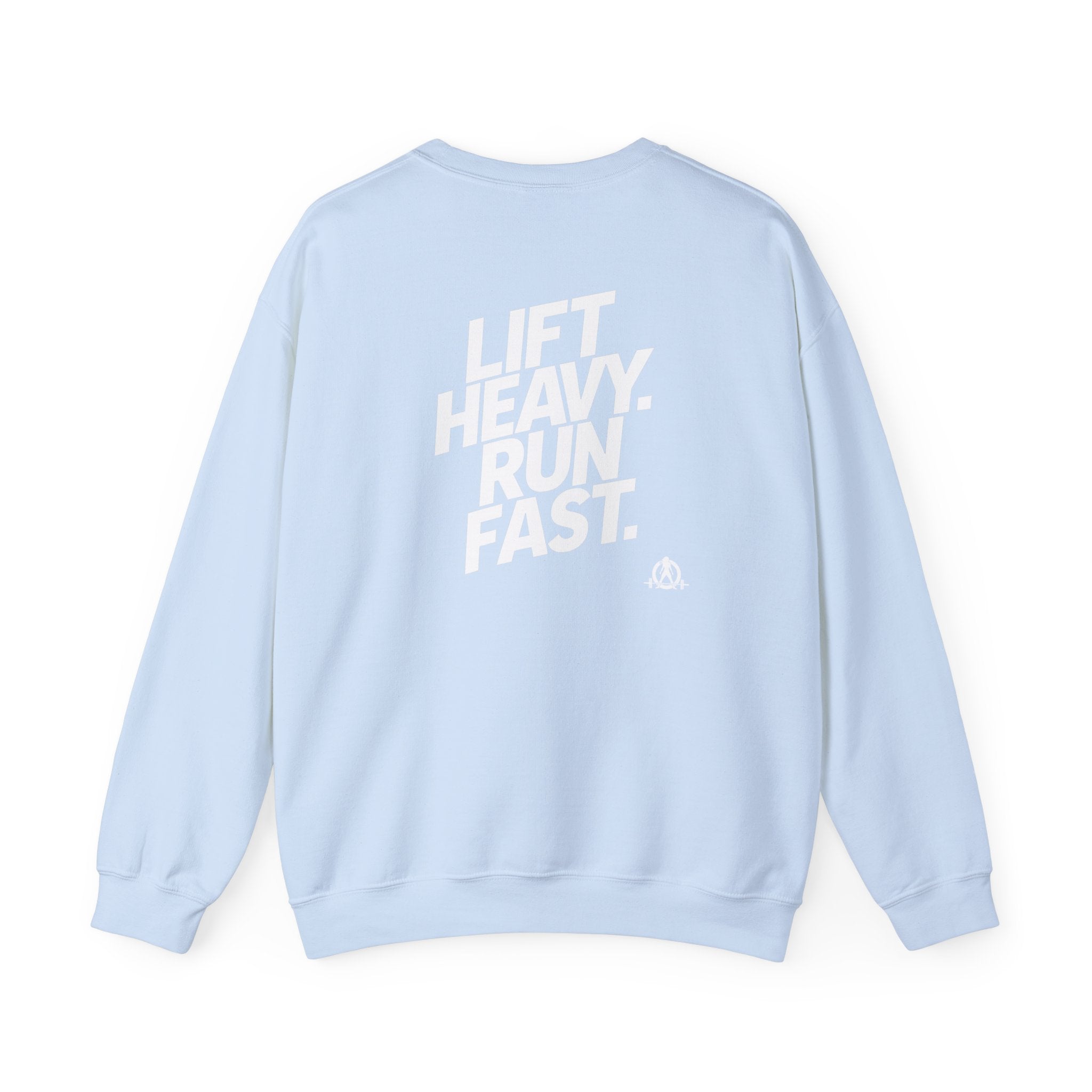 Lift Heavy Run Fast - Unisex Heavy Blend™ Crewneck Sweatshirt - White Logo Front & Back
