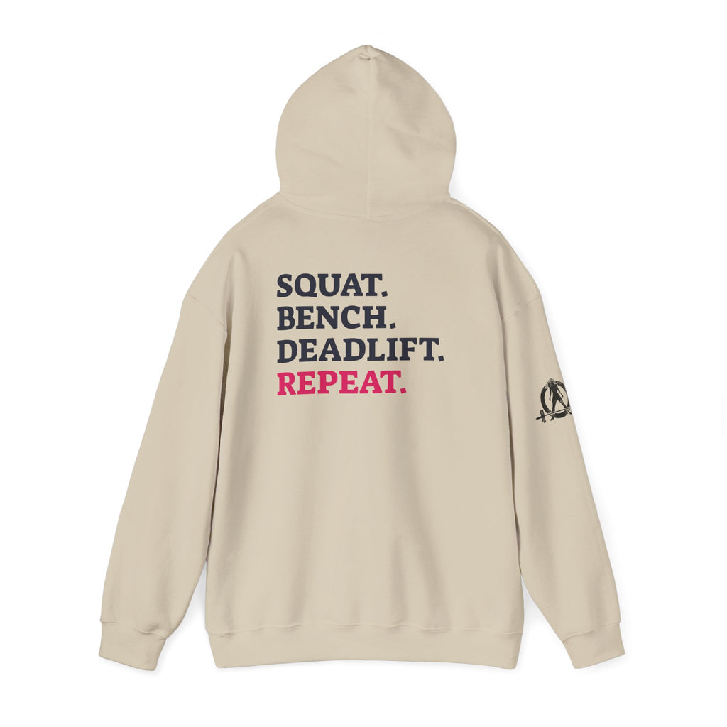 WWLW “Squat • Bench • Deadlift • Repeat” Hoodie - Black Logo Back