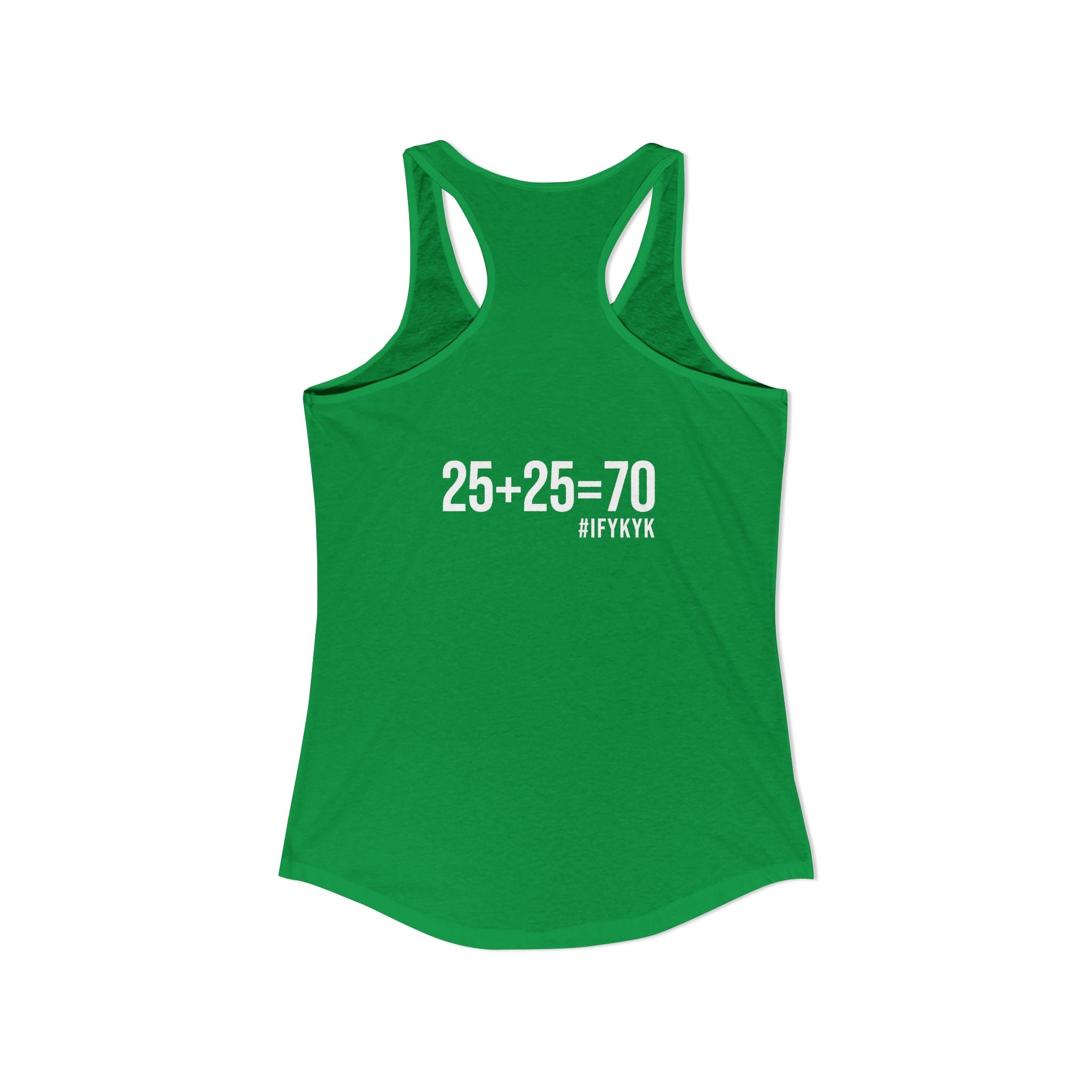 25 + 25 = 70 Women's Ideal Racerback Tank - White Print Front & Back