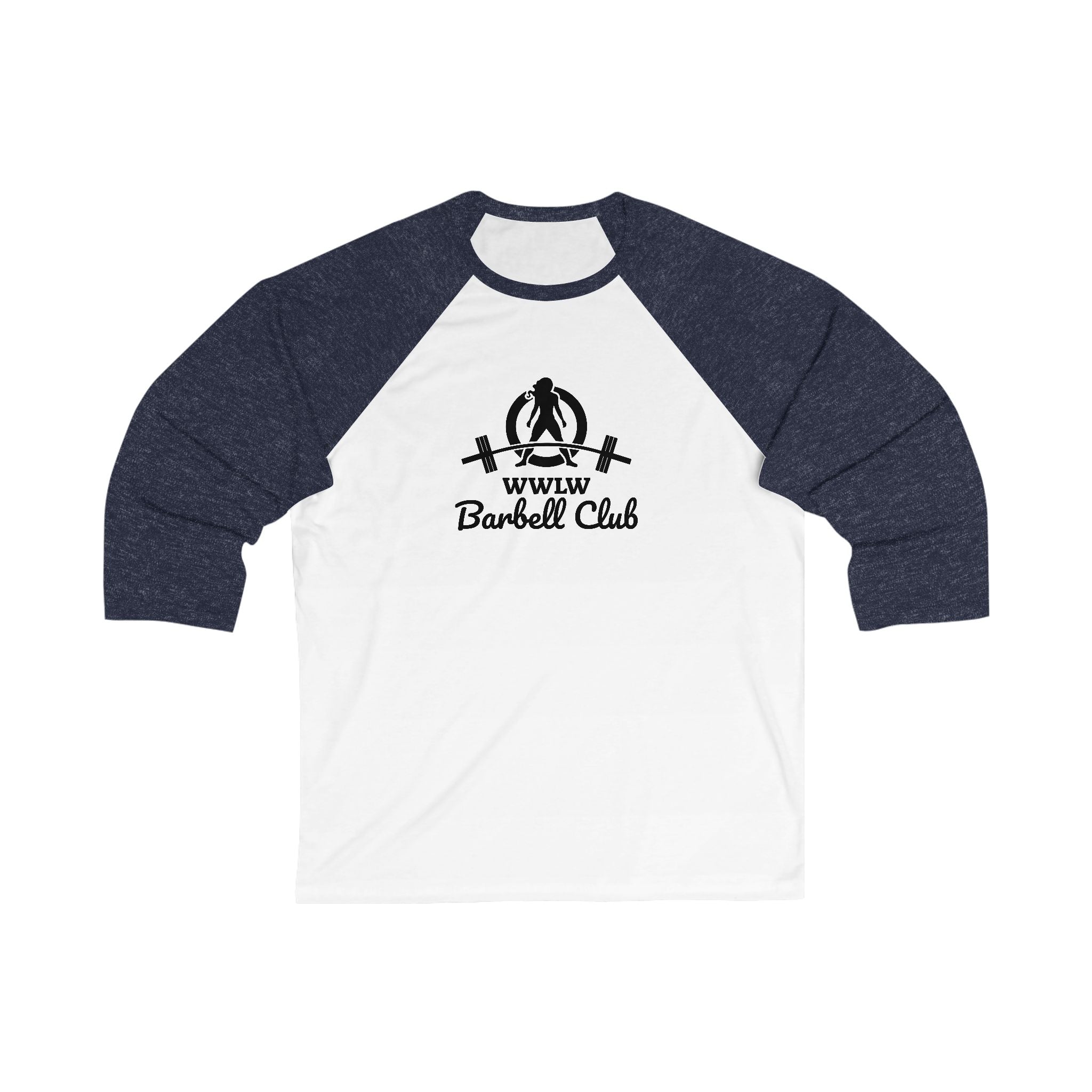 WWLW Barbell Club - Unisex 3\4 Sleeve Baseball Tee - Front Logo Plain Back