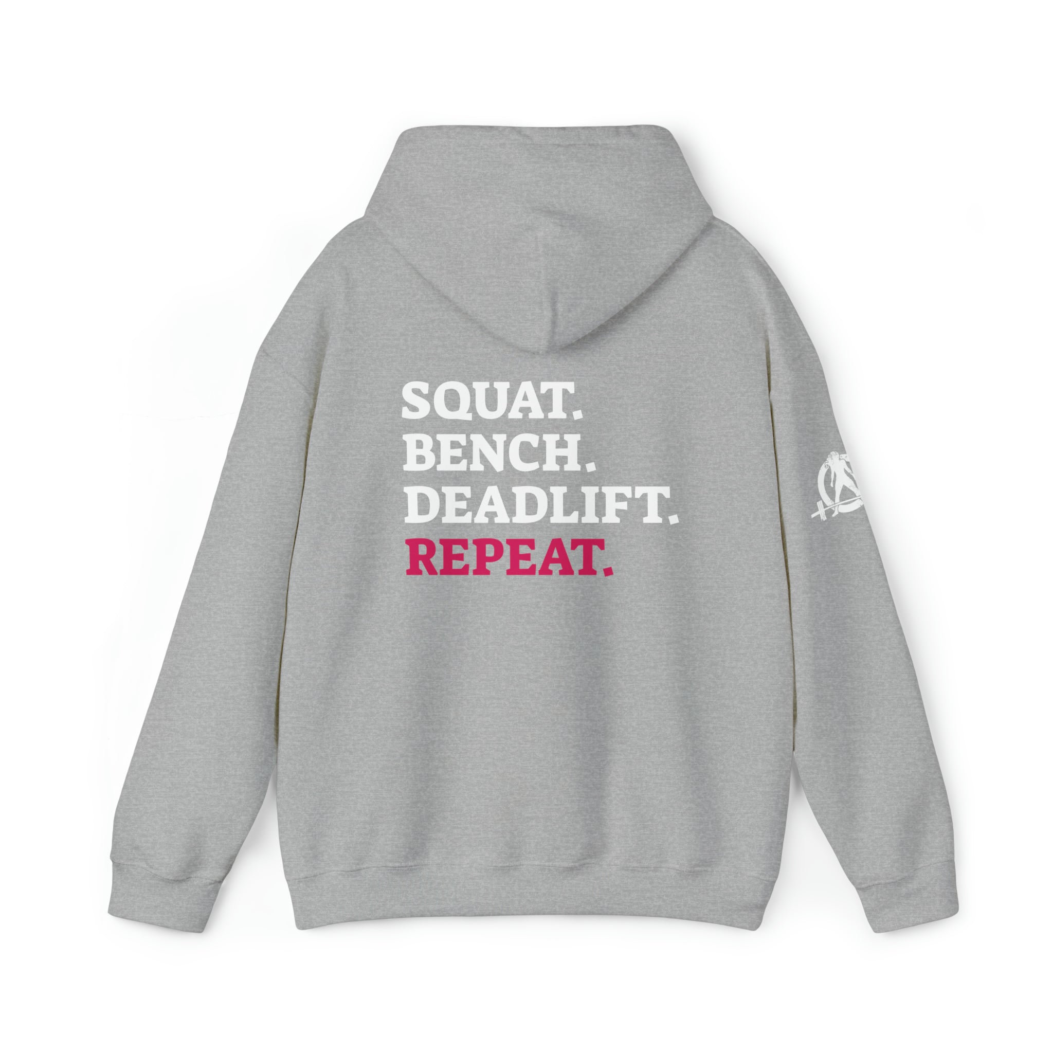 Squat Bench Deadlift Repeat - Unisex Heavy Blend Hooded Sweatshirt - Dark White Logo - Pink - SBDR on BACK