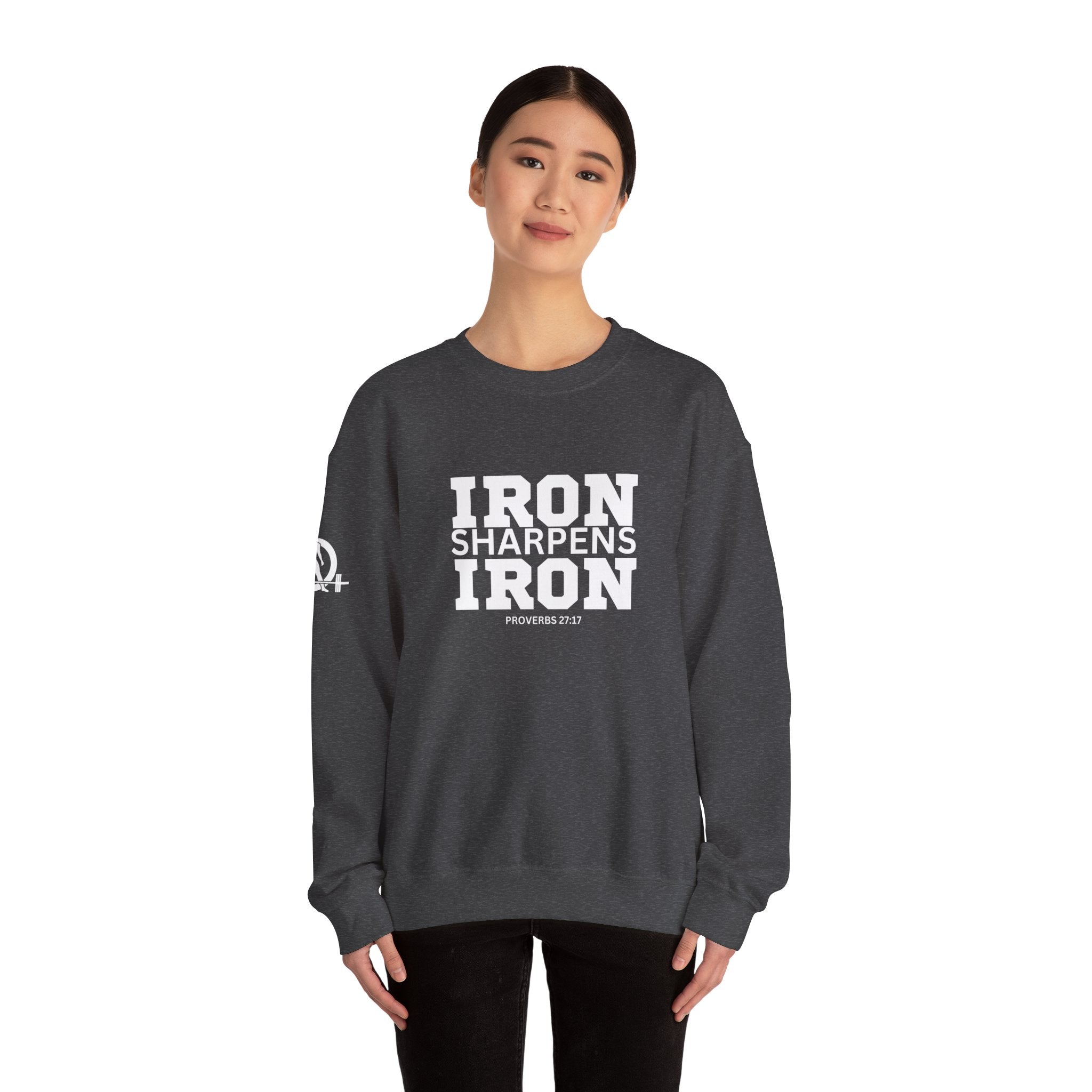 Iron Sharpens Iron - Unisex Heavy Blend™ Crewneck Sweatshirt - Front White Logo - Plain Back