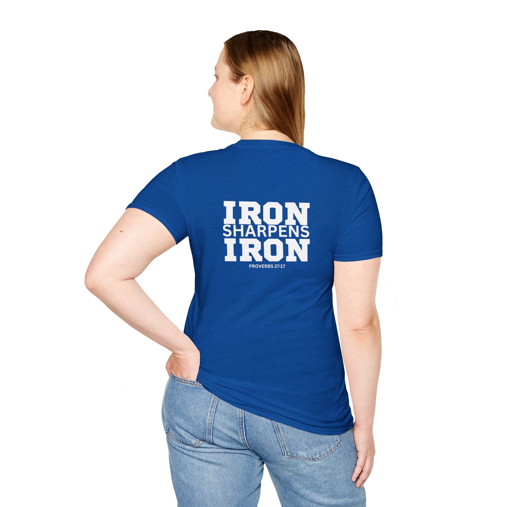 Iron Sharpens Iron - Unisex Softstyle T-Shirt - White Logo Front & Back