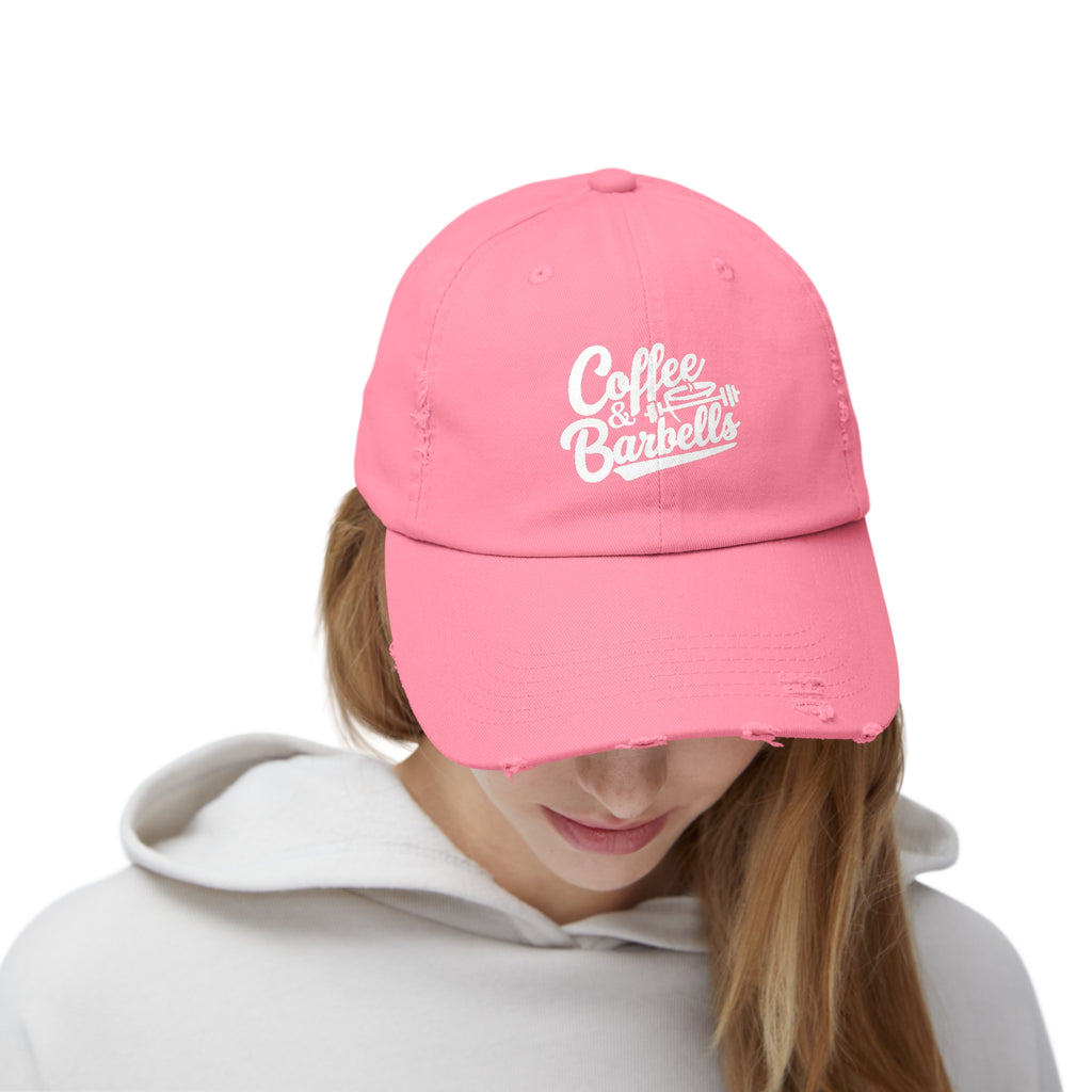 Coffee & Barbells - Unisex Distressed Cap - White Logo
