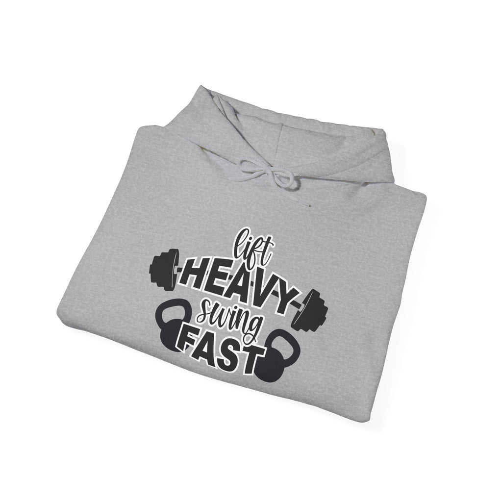 Lift Heavy Swing Fast - Unisex Heavy Blend Hooded Sweatshirt - Black Logo - Right Shoulder - Plain Back