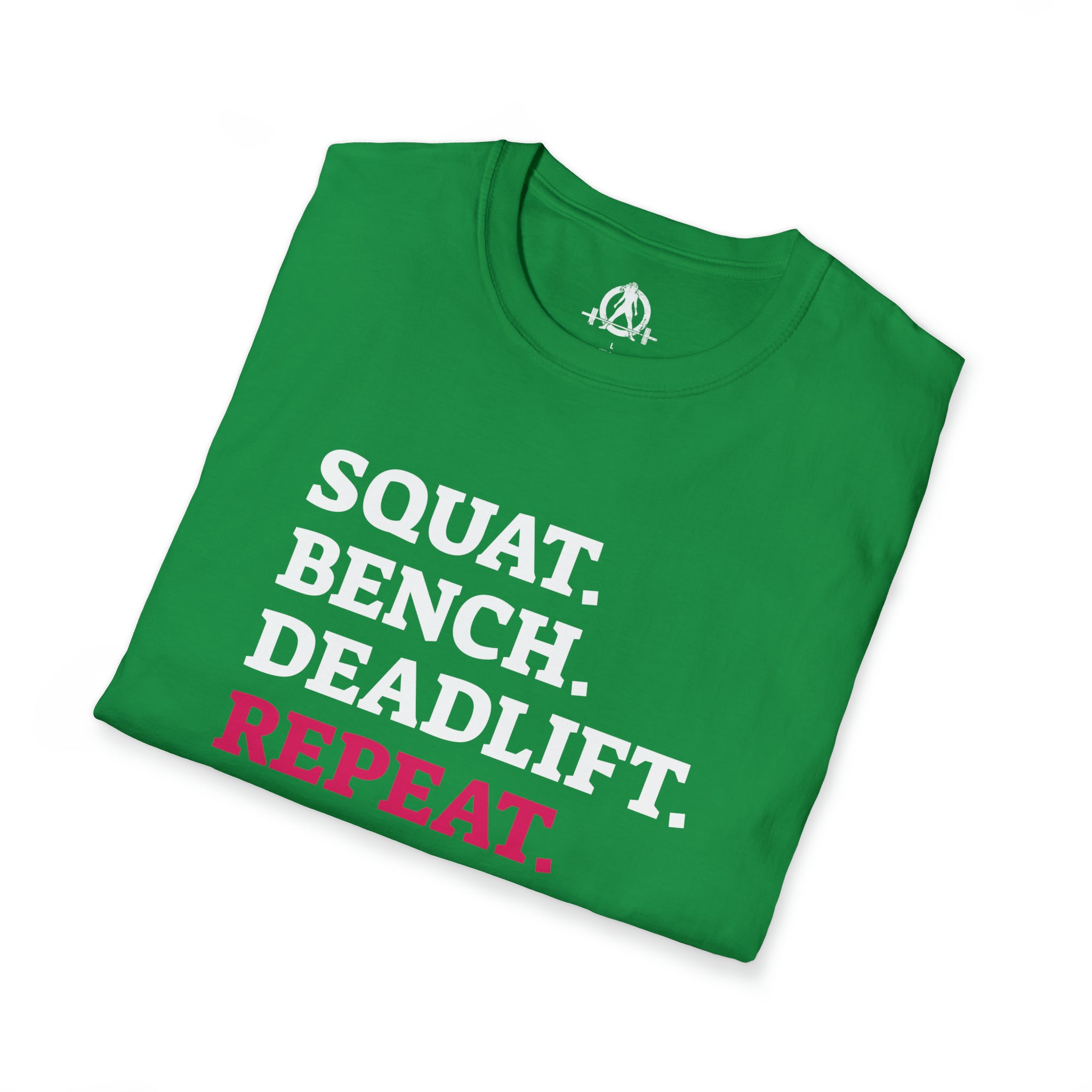 Squat Bench Deadlift Repeat - Unisex Softstyle T-Shirt - Black & Pink - Plain Back