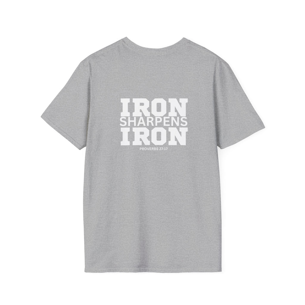 Iron Sharpens Iron - Unisex Softstyle T-Shirt - White Logo Front & Back