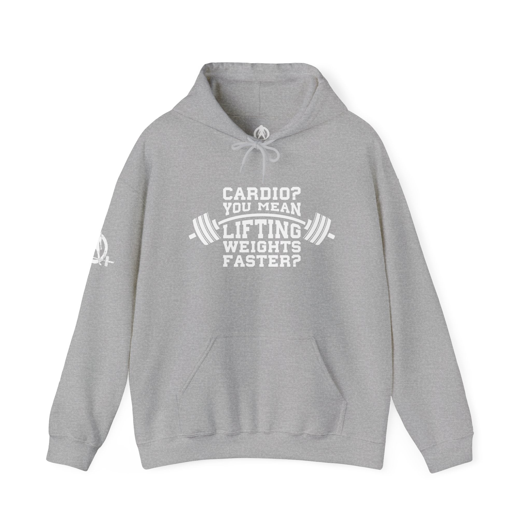 Cardio = Lift Weights Faster - Unisex Heavy Blend Hooded Sweatshirt - White Print on Front