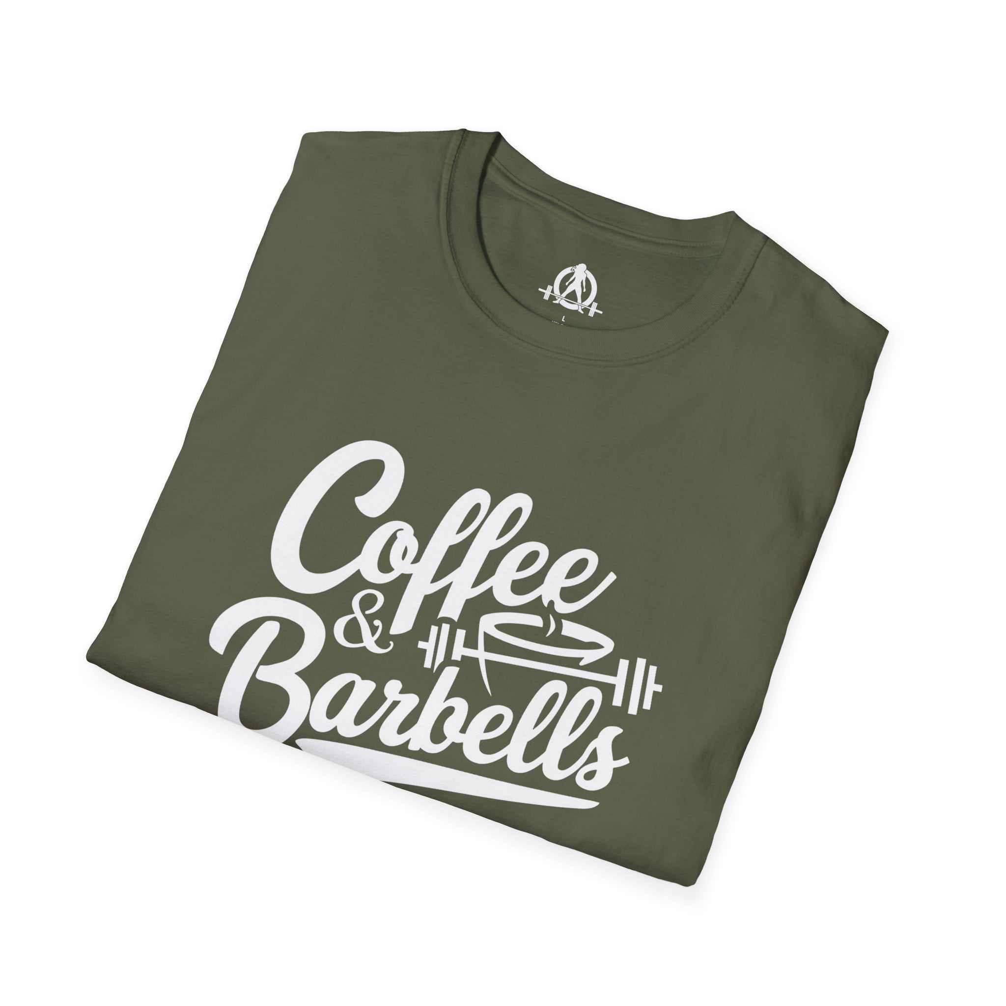 Coffee & Barbells - Unisex Softstyle T-Shirt - White Print on Front Plain Back