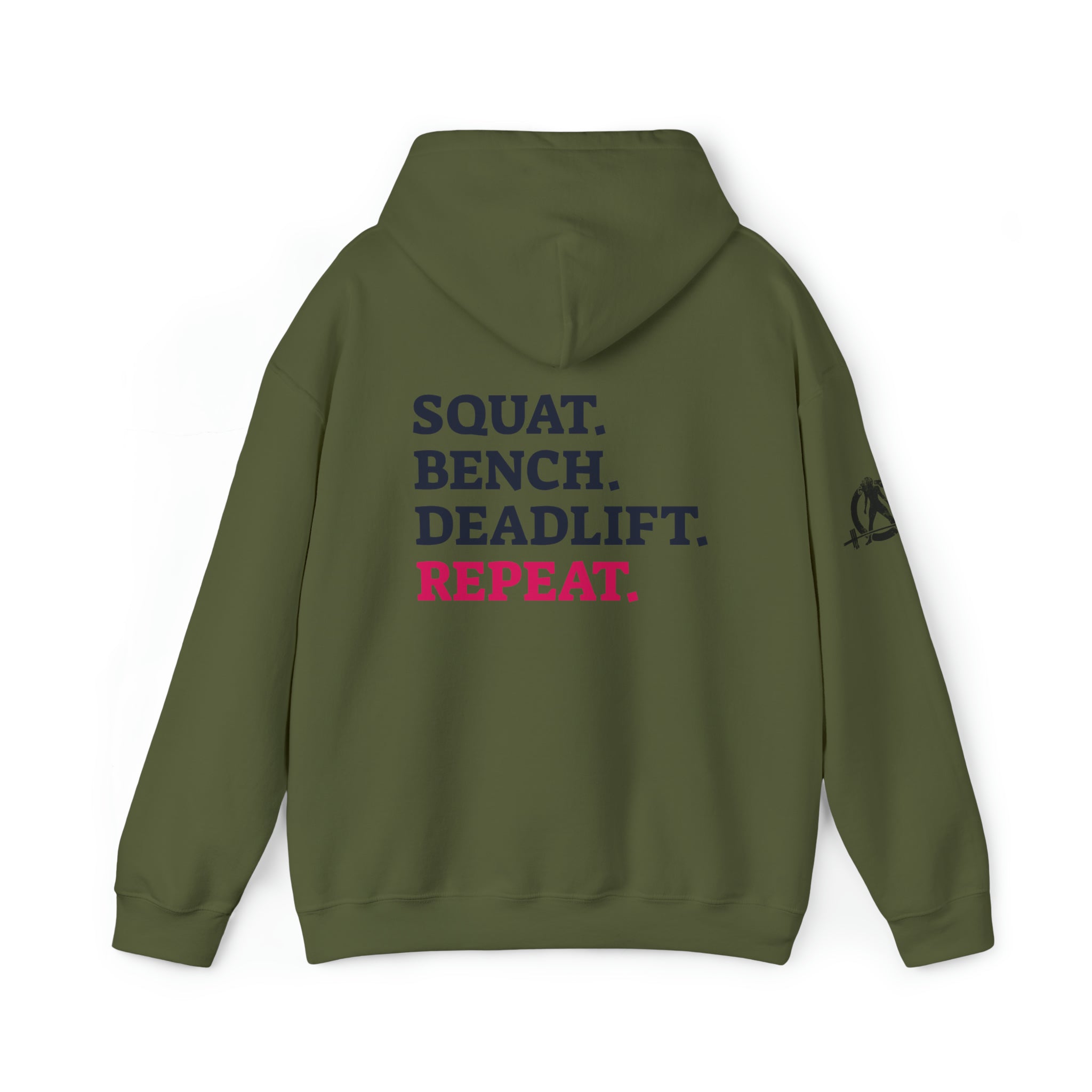 Squat Bench Deadlift Repeat - Unisex Heavy Blend Hooded Sweatshirt - Dark Black Logo - Pink - SBDR on BACK