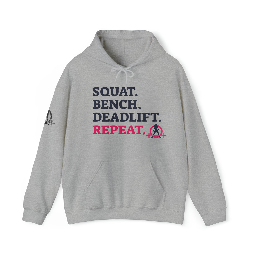 Squat Bench Deadlift Repeat - Unisex Heavy Blend Hooded Sweatshirt - Light WWLW Logo - Pink- Plain Black
