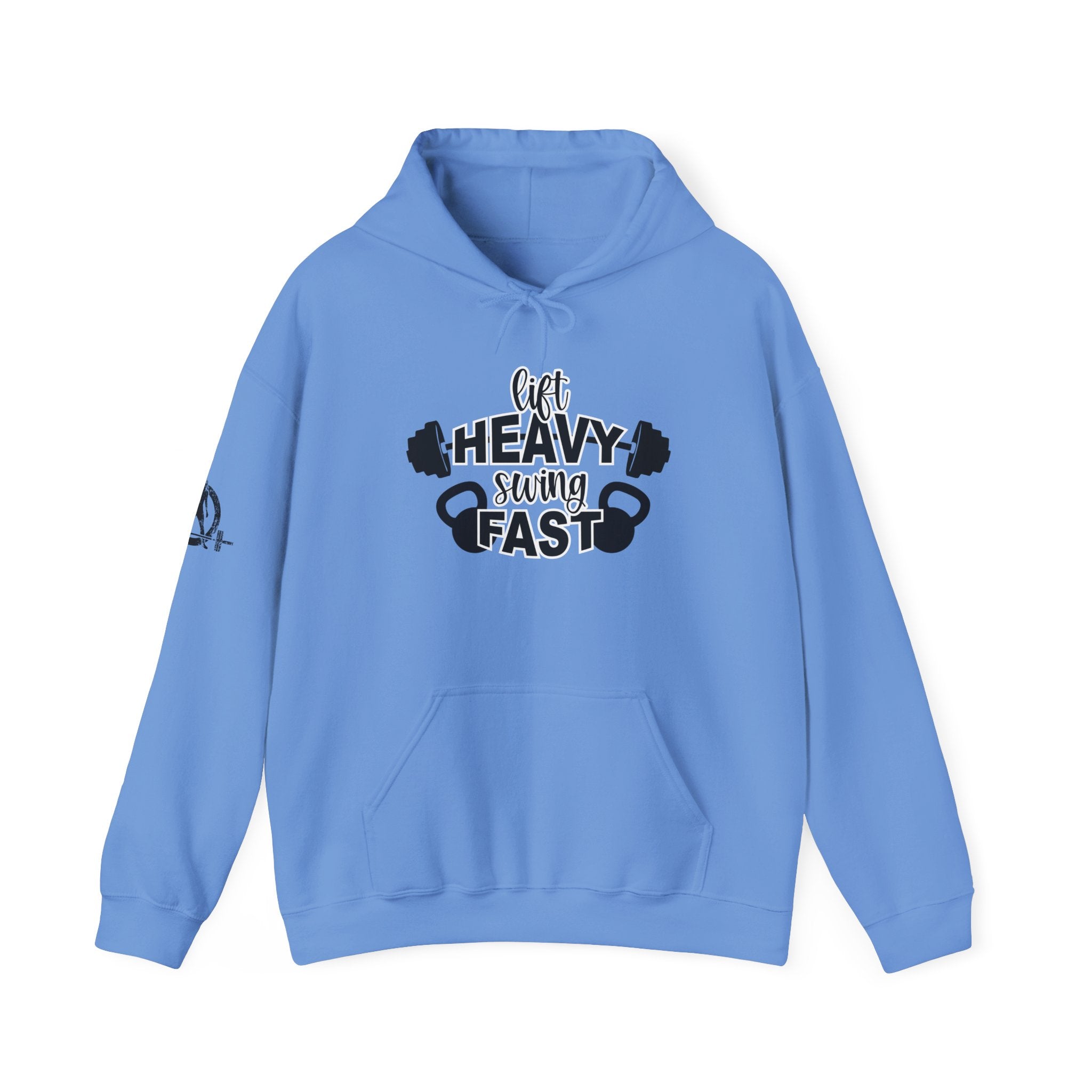 Lift Heavy Swing Fast - Unisex Heavy Blend Hooded Sweatshirt - Black Logo - Right Shoulder - Plain Back