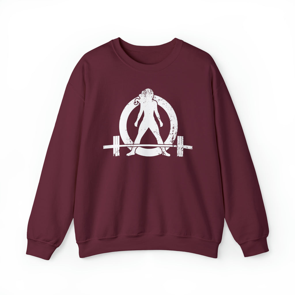 COFFEE and a Barbell - Unisex Heavy Blend™ Crewneck Sweatshirt - Distressed Logo - Plain Back