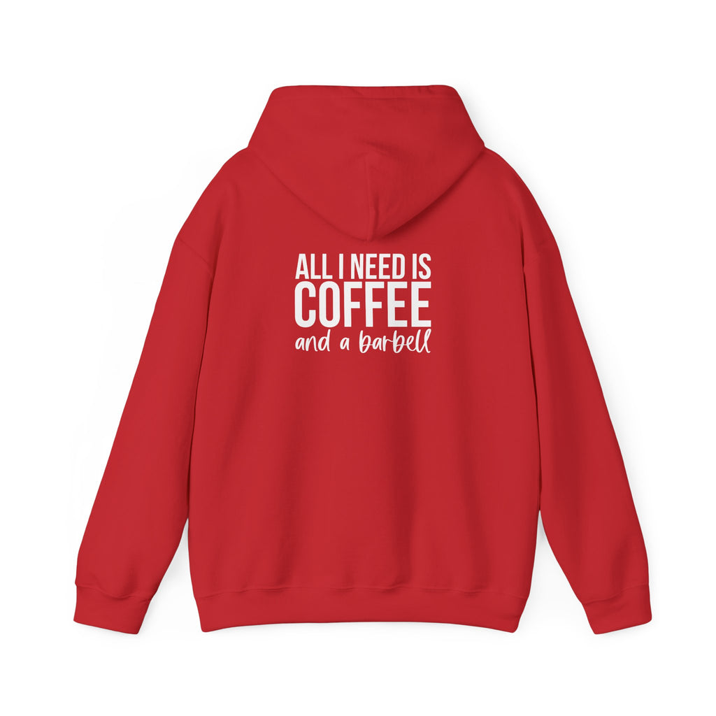 ALL I NEED IS COFFEE and a barbell - Unisex Heavy Blend Hooded Sweatshirt - White Logo Front & Back