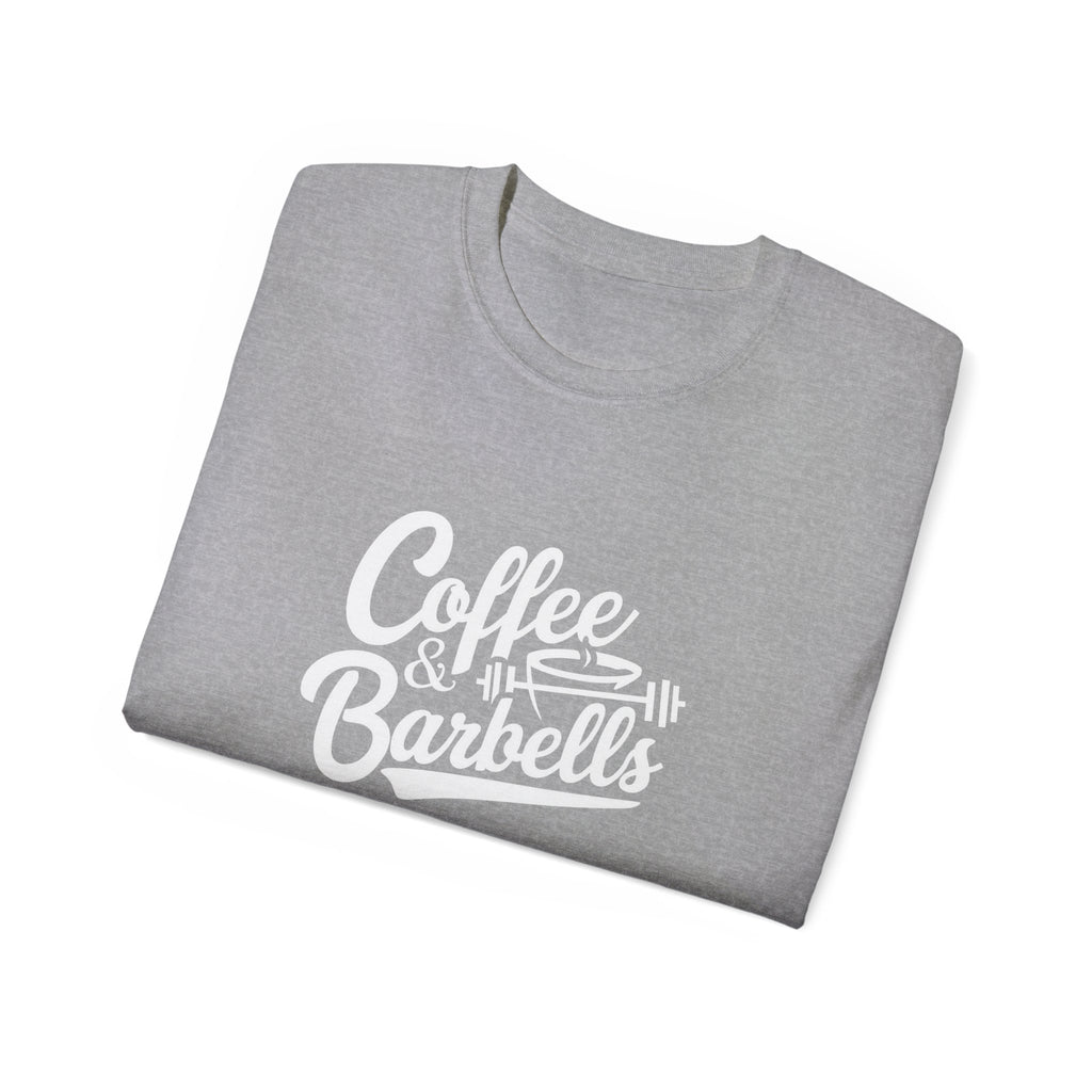Coffee & Barbells - Unisex Ultra Cotton Tee - Front White Logo - Plain Back