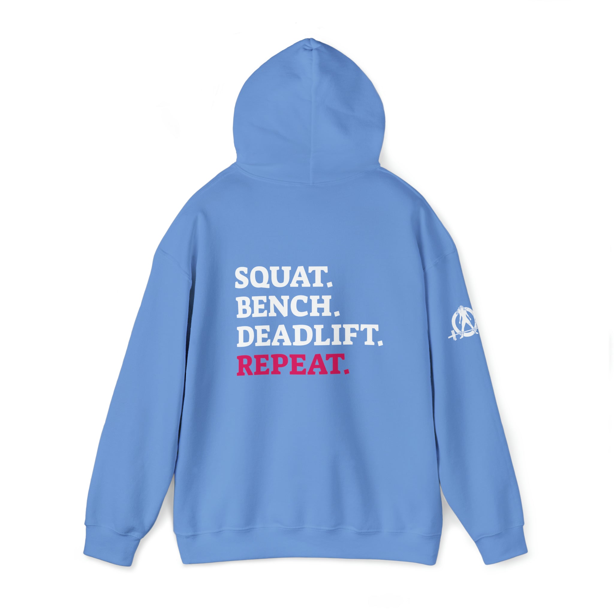 Squat Bench Deadlift Repeat - Unisex Heavy Blend Hooded Sweatshirt - Dark White Logo - Pink - SBDR on BACK