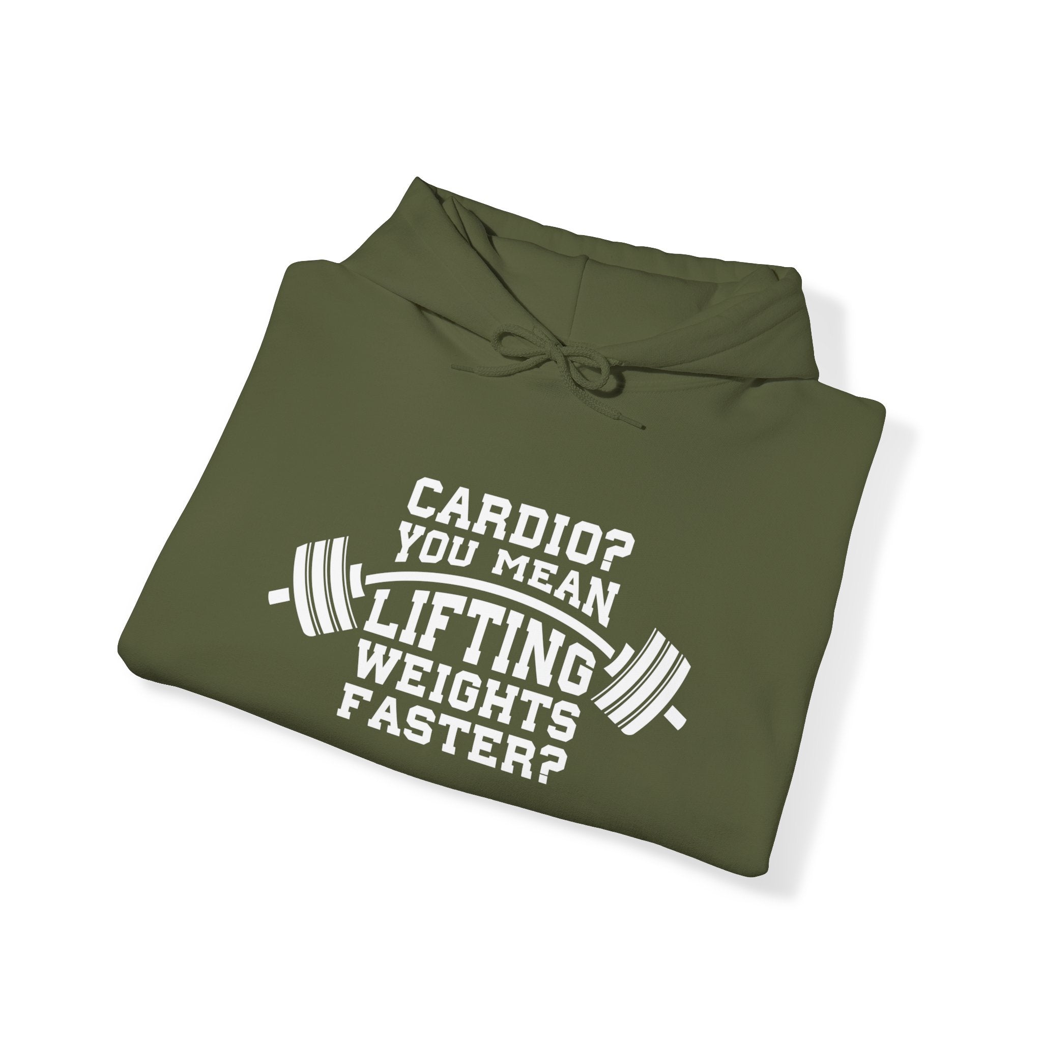 Cardio = Lift Weights Faster - Unisex Heavy Blend Hooded Sweatshirt - White Print on Front