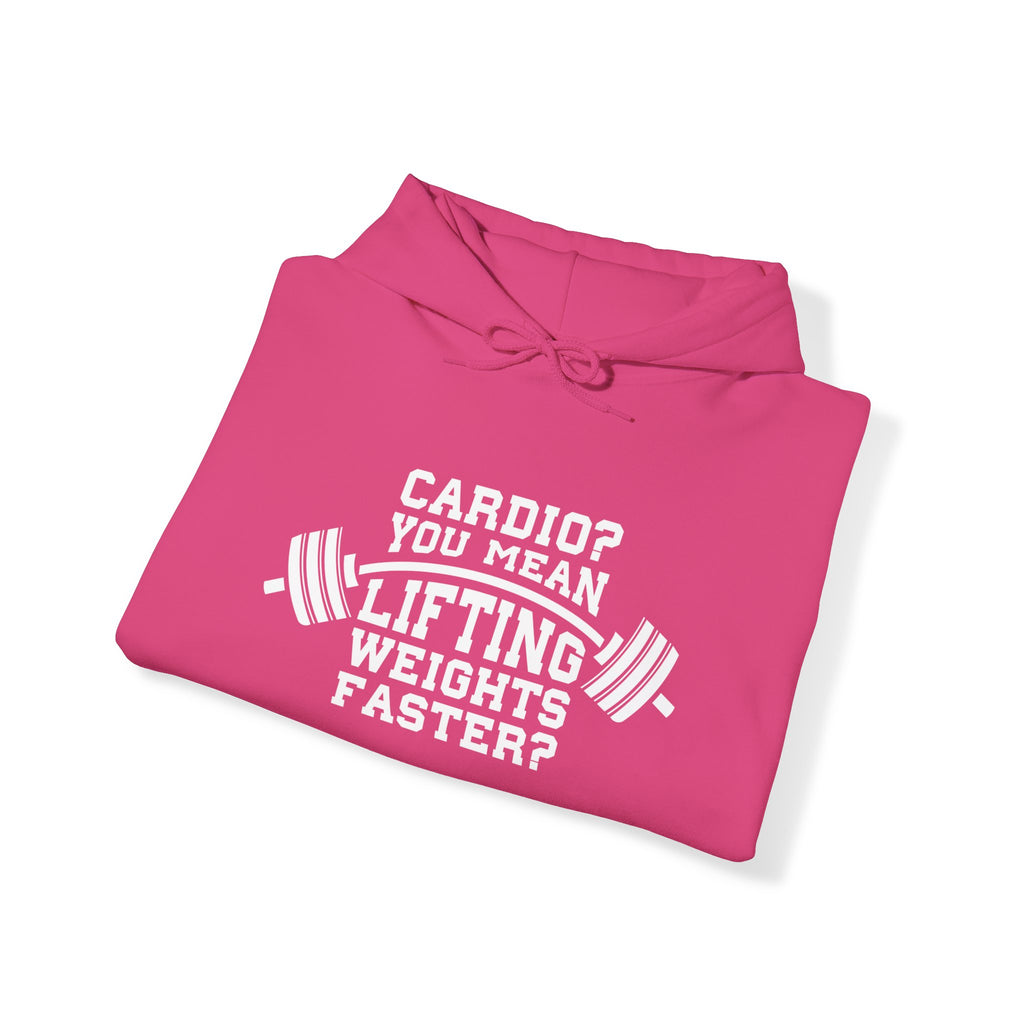 Cardio = Lift Weights Faster - Unisex Heavy Blend Hooded Sweatshirt - White Print on Front