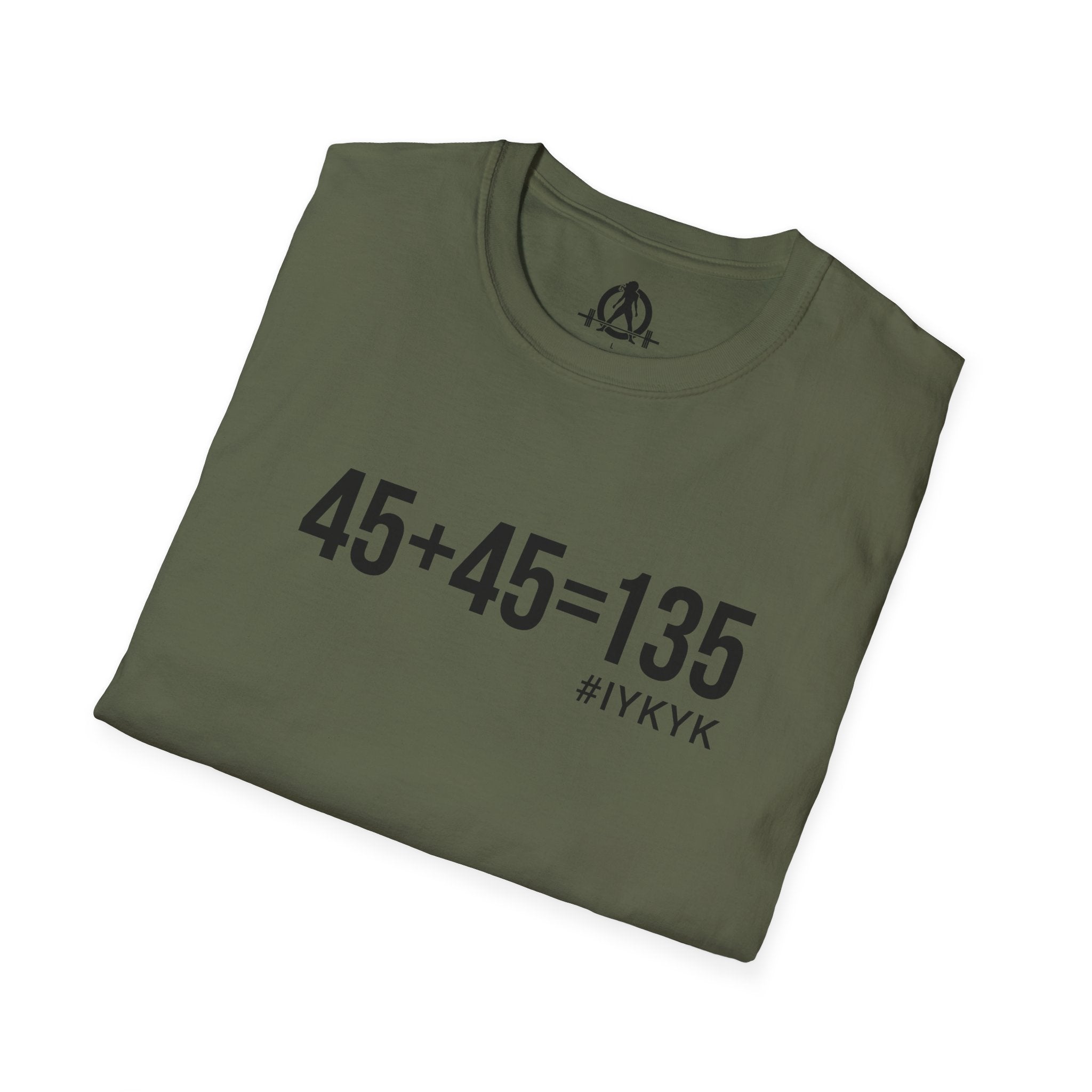 45 + 45 = 135 - Unisex Softstyle T-Shirt - Black Print on Front Plain Back