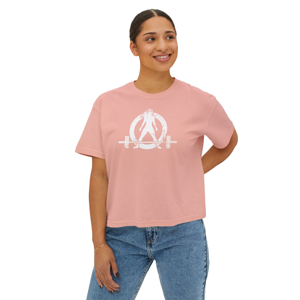 Women's Boxy Tee - White Distressed Logo Front Plain Back