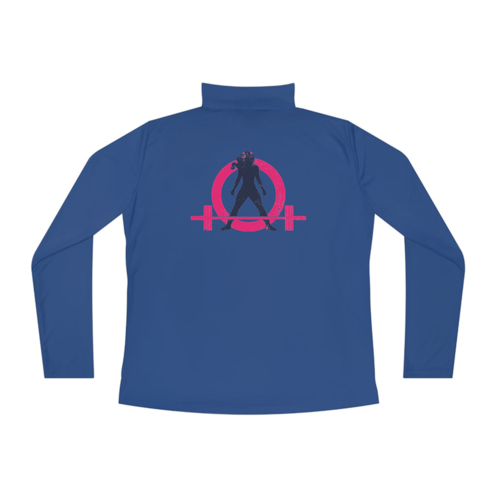 Ladies Quarter-Zip Pullover - White Distressed Logo