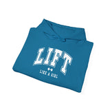 Lift Like.A Girl - Unisex Heavy Blend Hooded Sweatshirt - White Logo on Front & Right Sleeve