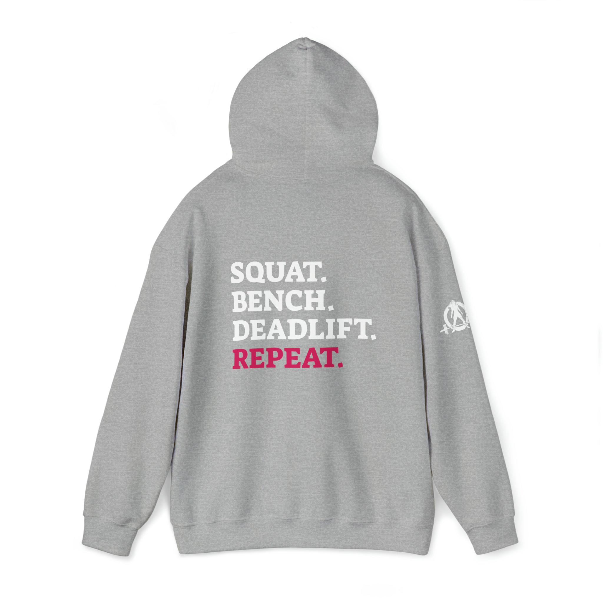 Squat Bench Deadlift Repeat - Unisex Heavy Blend Hooded Sweatshirt - Dark White Logo - Pink - SBDR on BACK