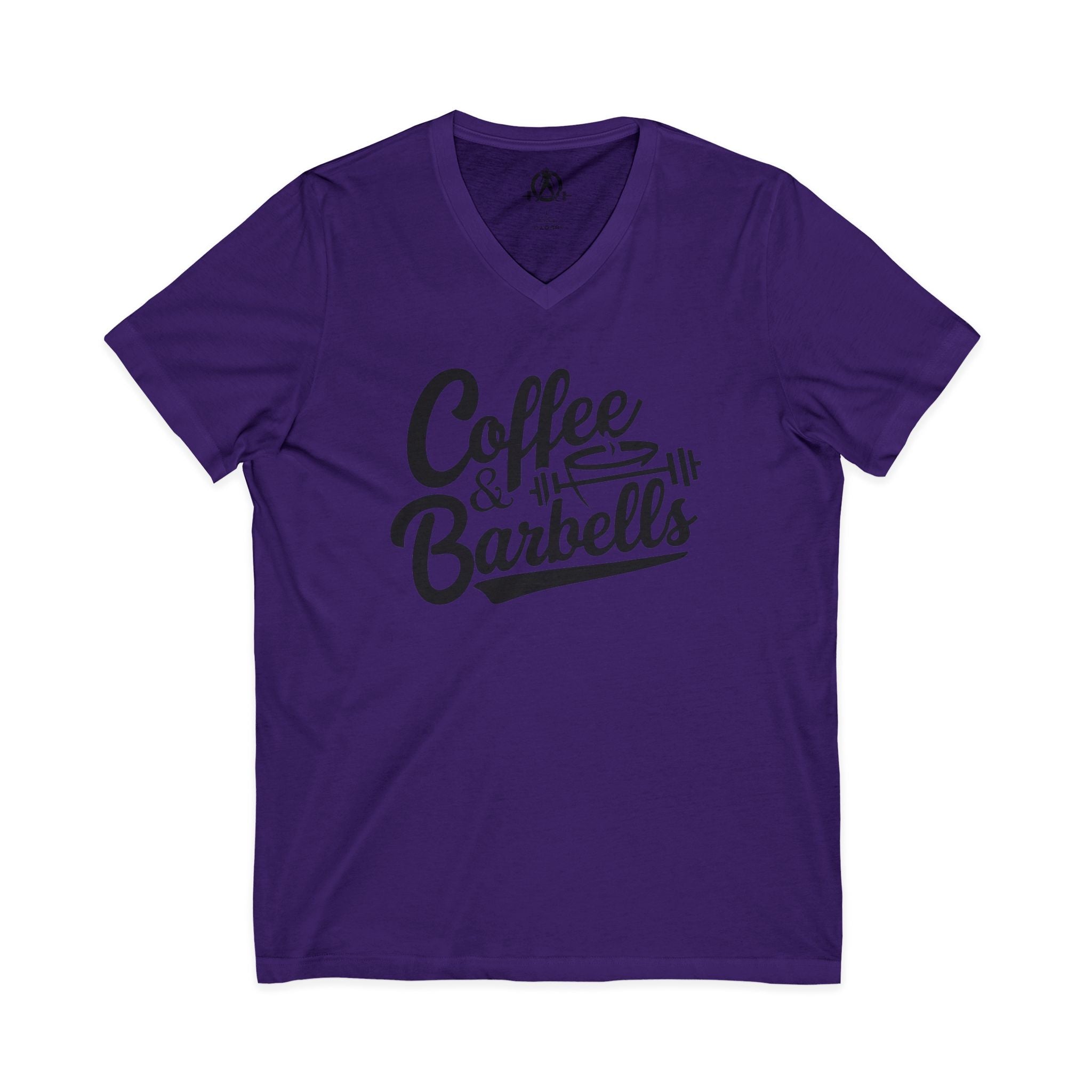 Coffee & Barbells - Unisex Jersey Short Sleeve V-Neck Tee - Black Logo Plain Back