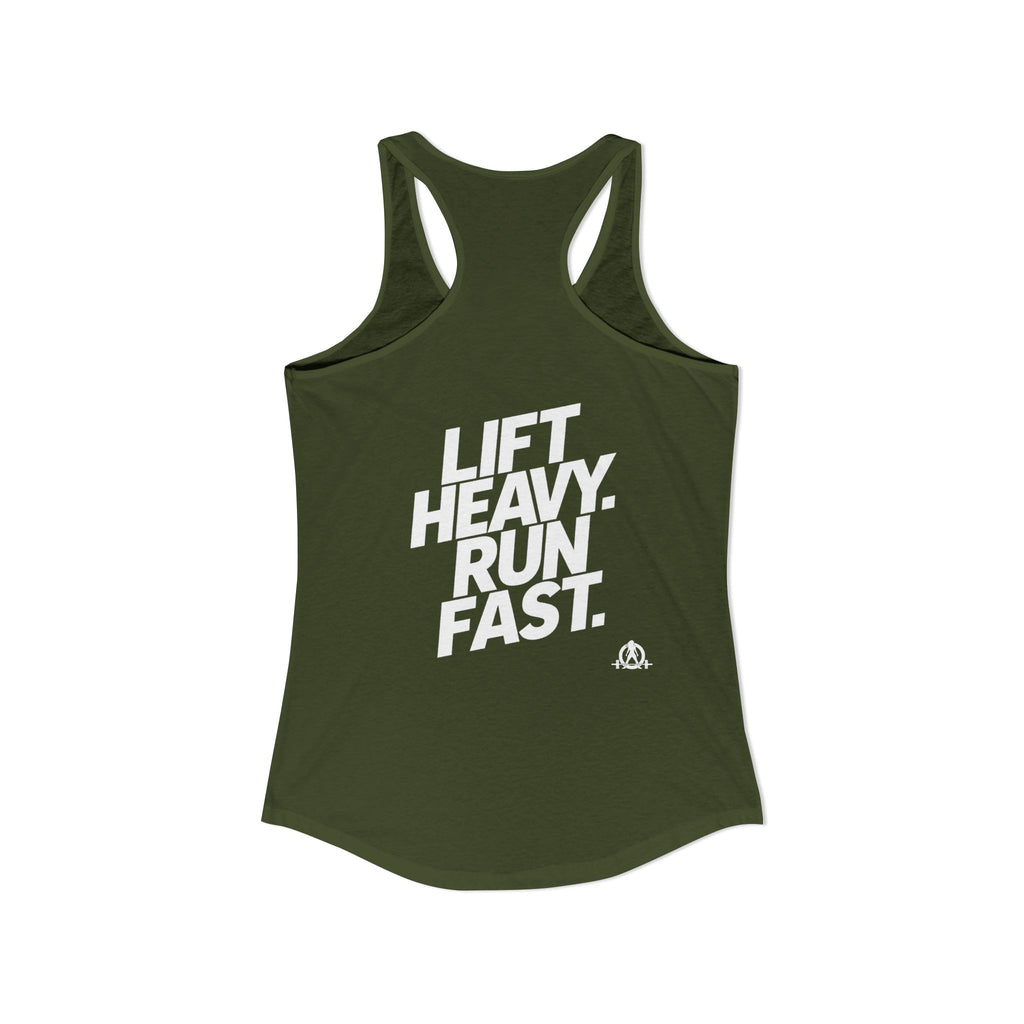 Lift Heavy - Run Fast - Racer Back Tank Top - Women's Ideal Racerback Tank (White Front & Back Logo)