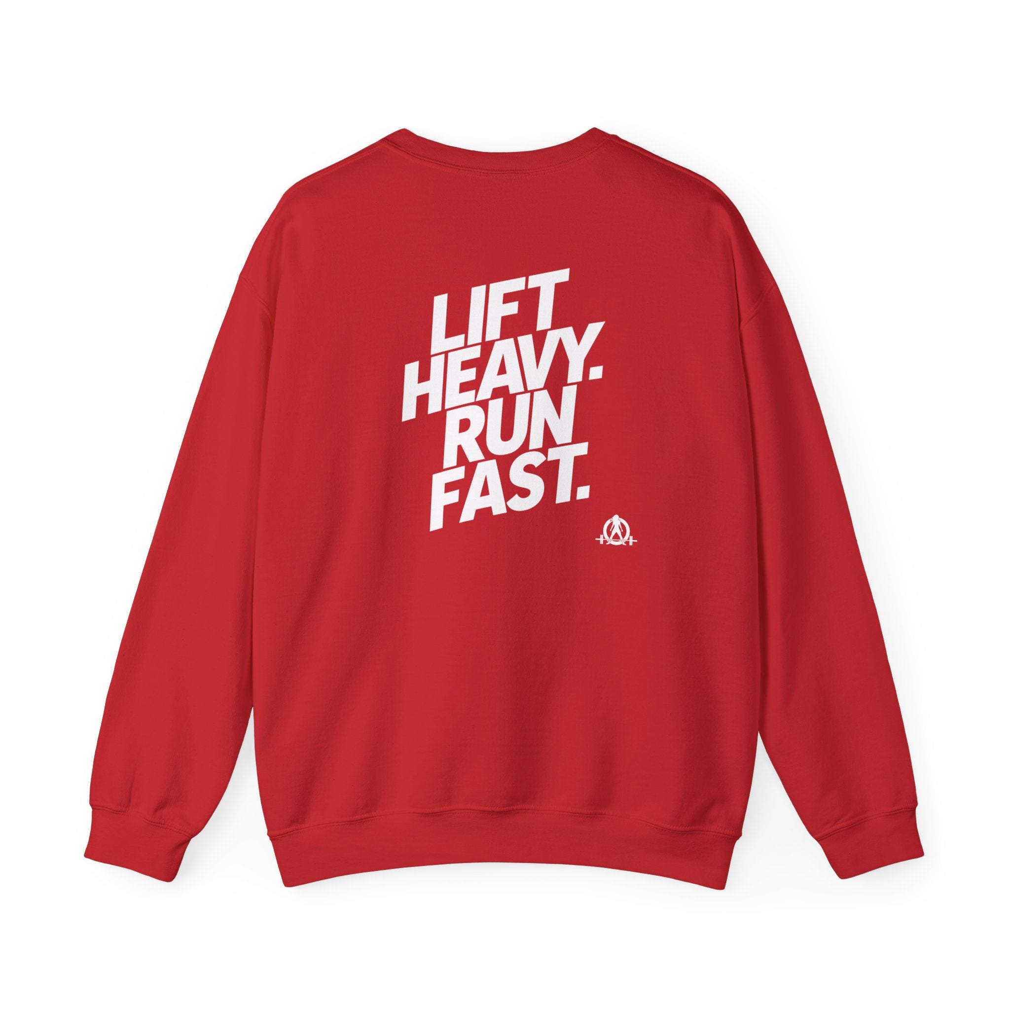 Lift Heavy Run Fast - Unisex Heavy Blend™ Crewneck Sweatshirt - White Logo Front & Back