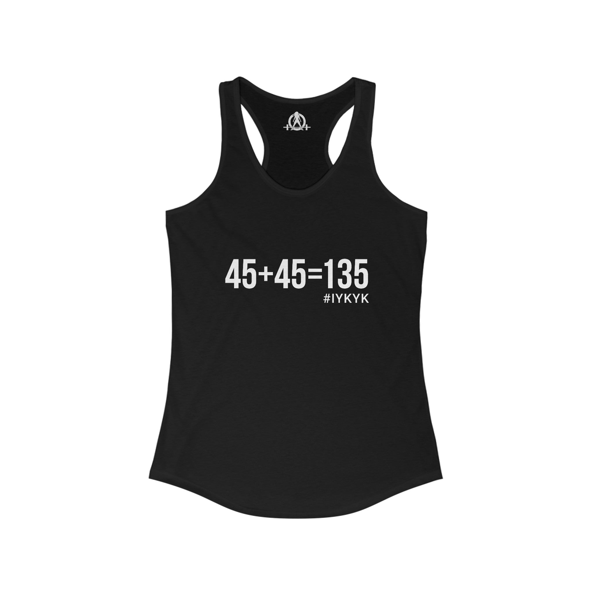45 + 45 = 135 - Women's Ideal Racerback Tank - White Print Front