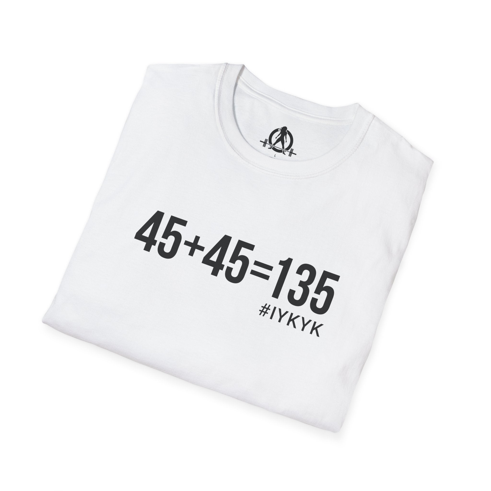 45 + 45 = 135 - Unisex Softstyle T-Shirt - Black Print on Front Plain Back