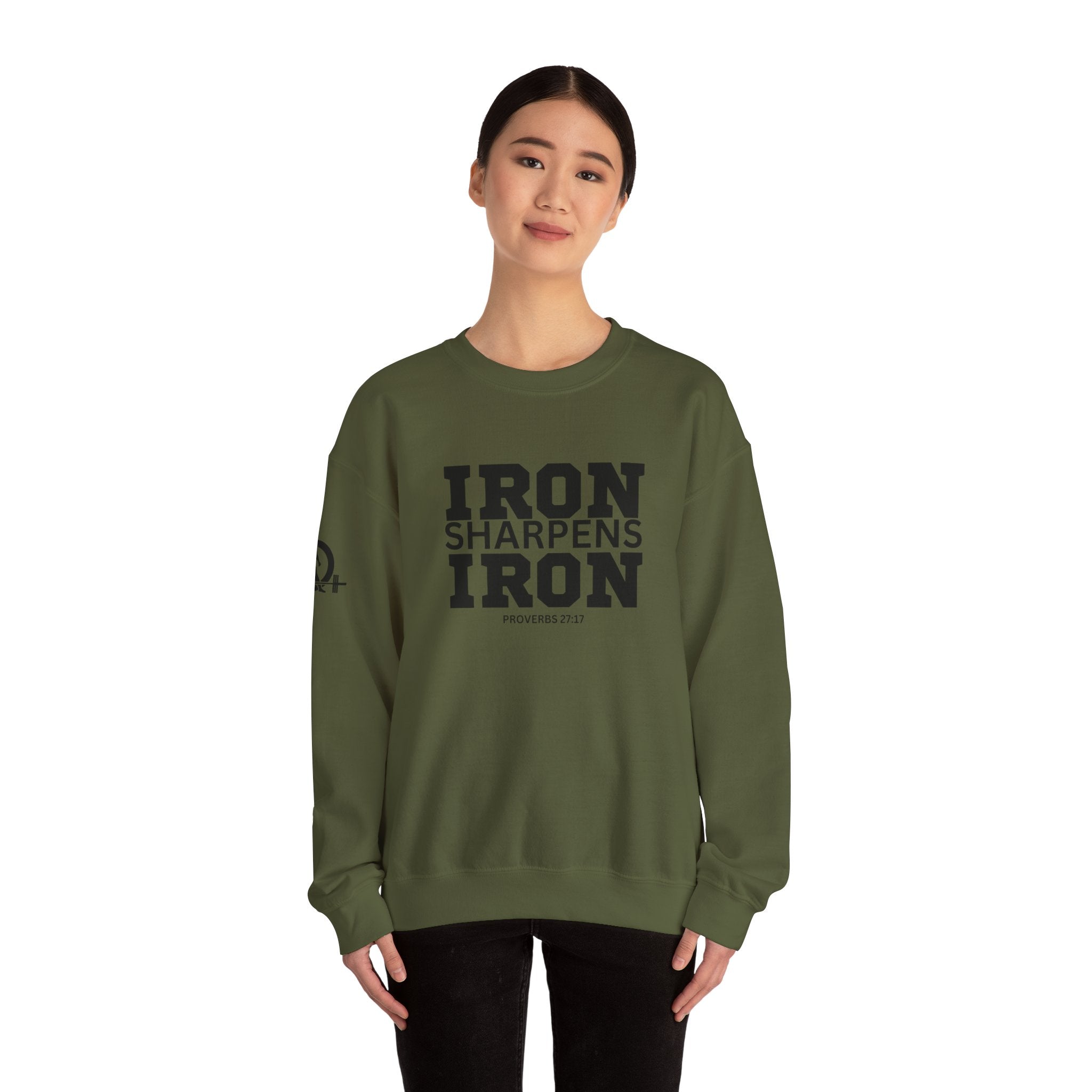 Iron Sharpens Iron - Unisex Heavy Blend™ Crewneck Sweatshirt - Front Black Logo - Plain Back