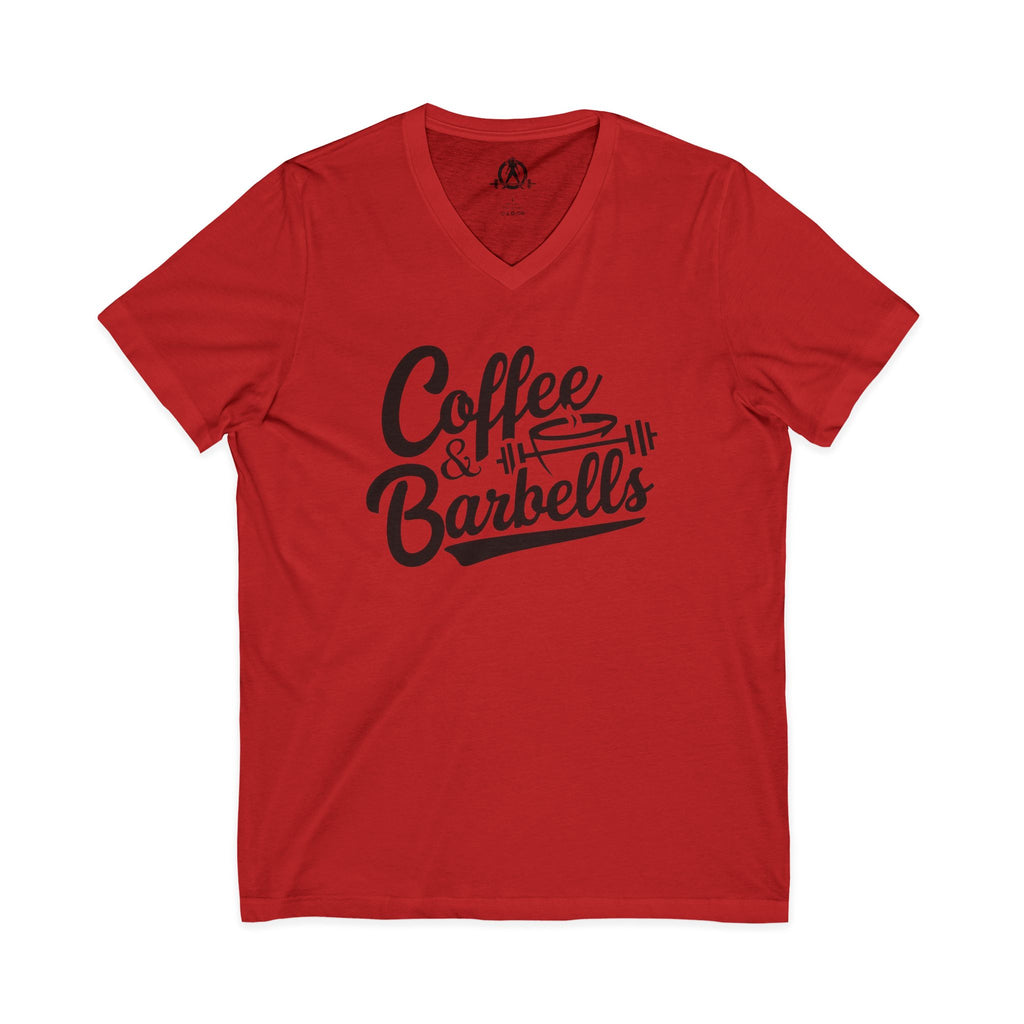 Coffee & Barbells - Unisex Jersey Short Sleeve V-Neck Tee - Black Logo Plain Back