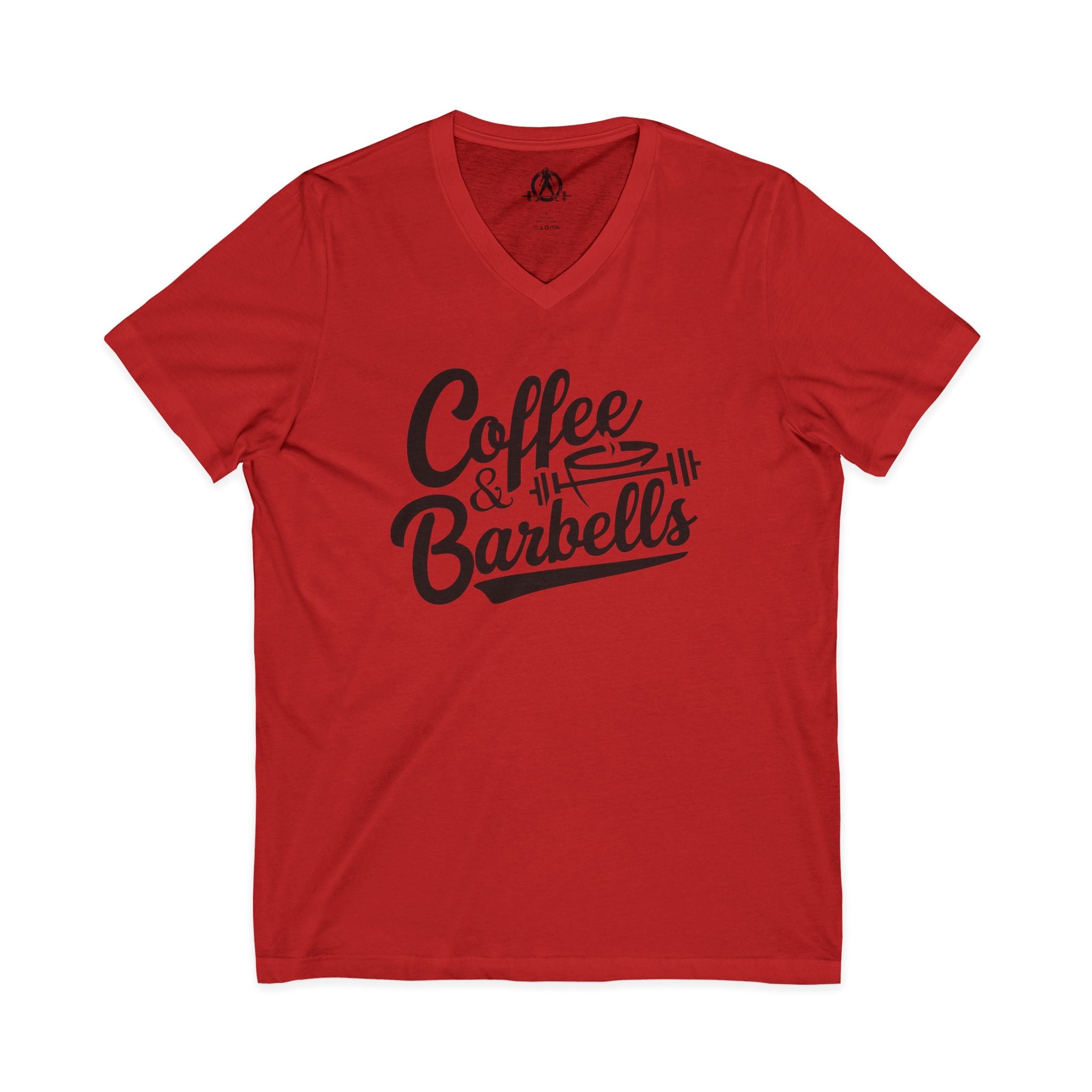 Coffee & Barbells - Unisex Jersey Short Sleeve V-Neck Tee - Black Logo Plain Back