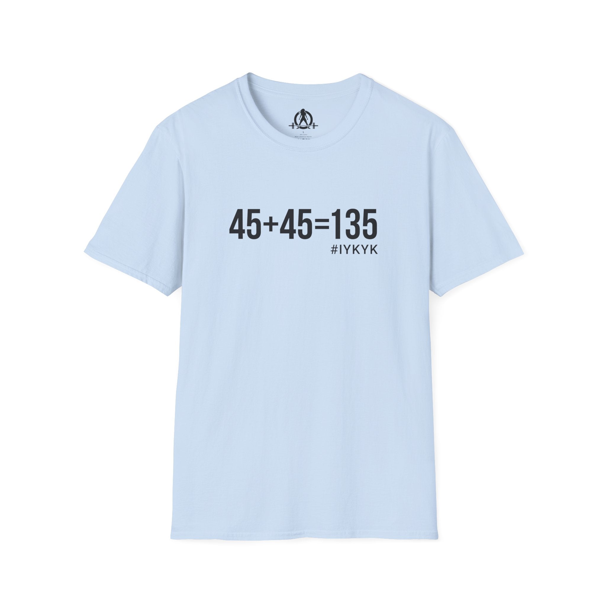 45 + 45 = 135 - Unisex Softstyle T-Shirt - Black Print on Front Plain Back