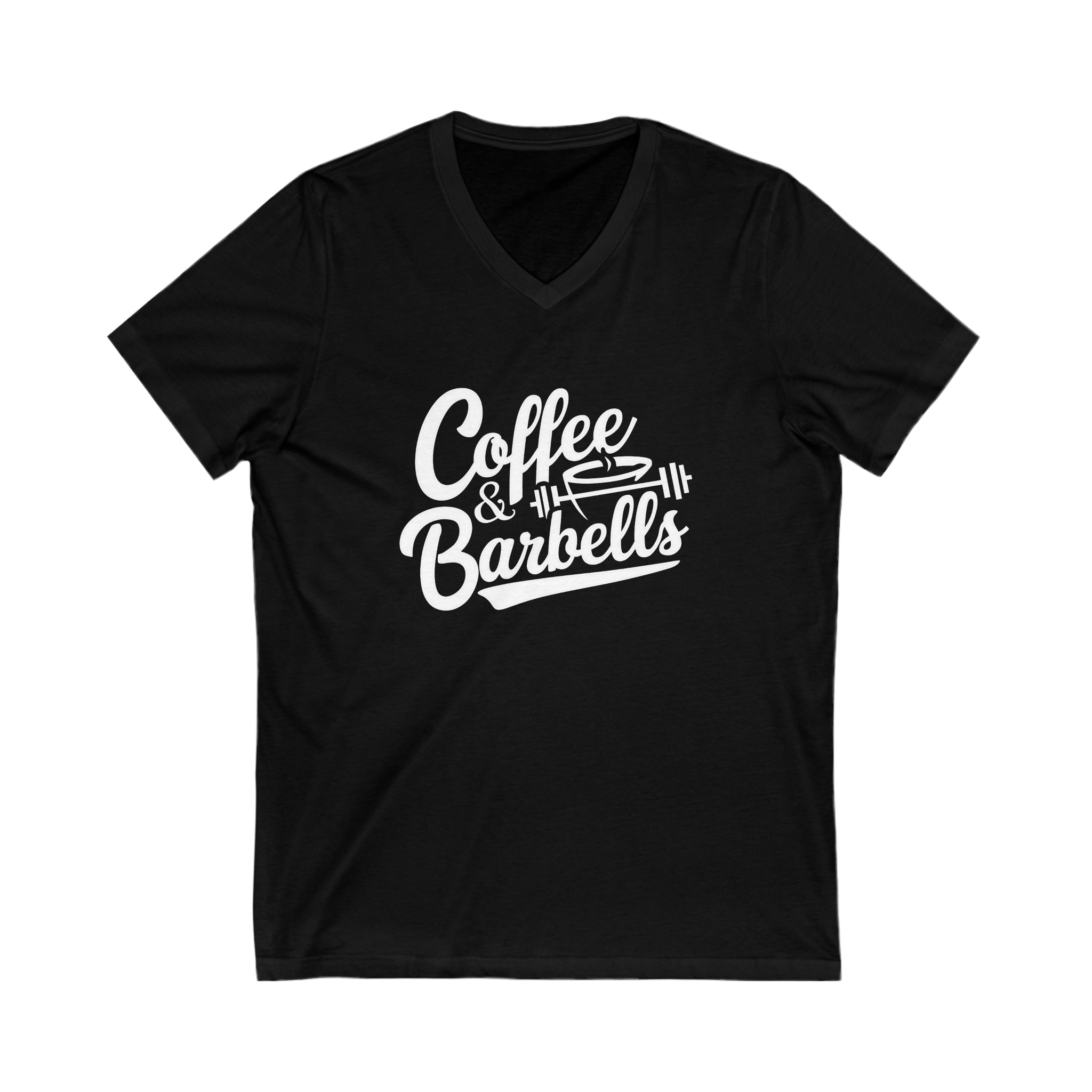 Coffee & Barbells - Unisex Jersey Short Sleeve V-Neck Tee - White Logo Plain Back
