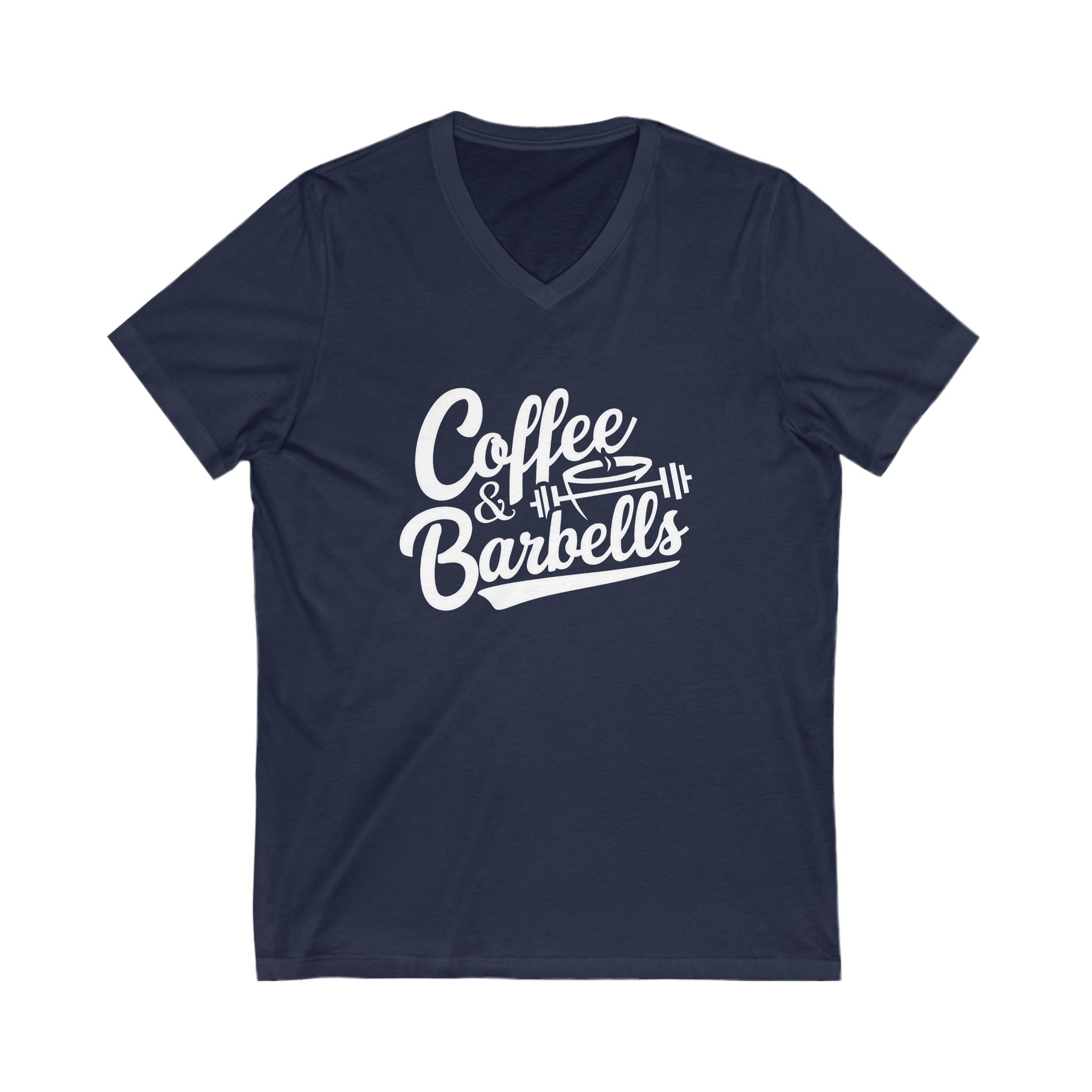 Coffee & Barbells - Unisex Jersey Short Sleeve V-Neck Tee - White Logo Plain Back